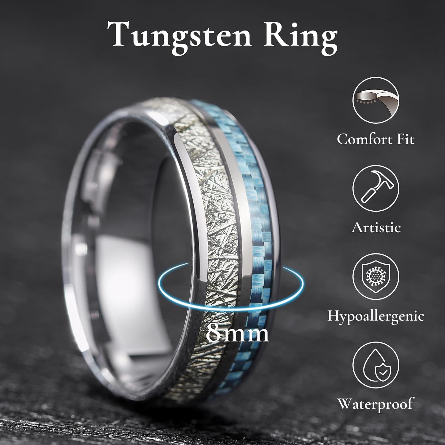 King Will Tungsten Rings for Men Meteorite Carbon Fiber Wood Inlay Mens Wedding Engagement Band Domed Polished
