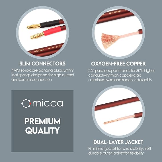 Micca Pure Copper Speaker Wire with Gold-Plated Banana Plugs 14AWG 6 Feet (2 Metres) Pair