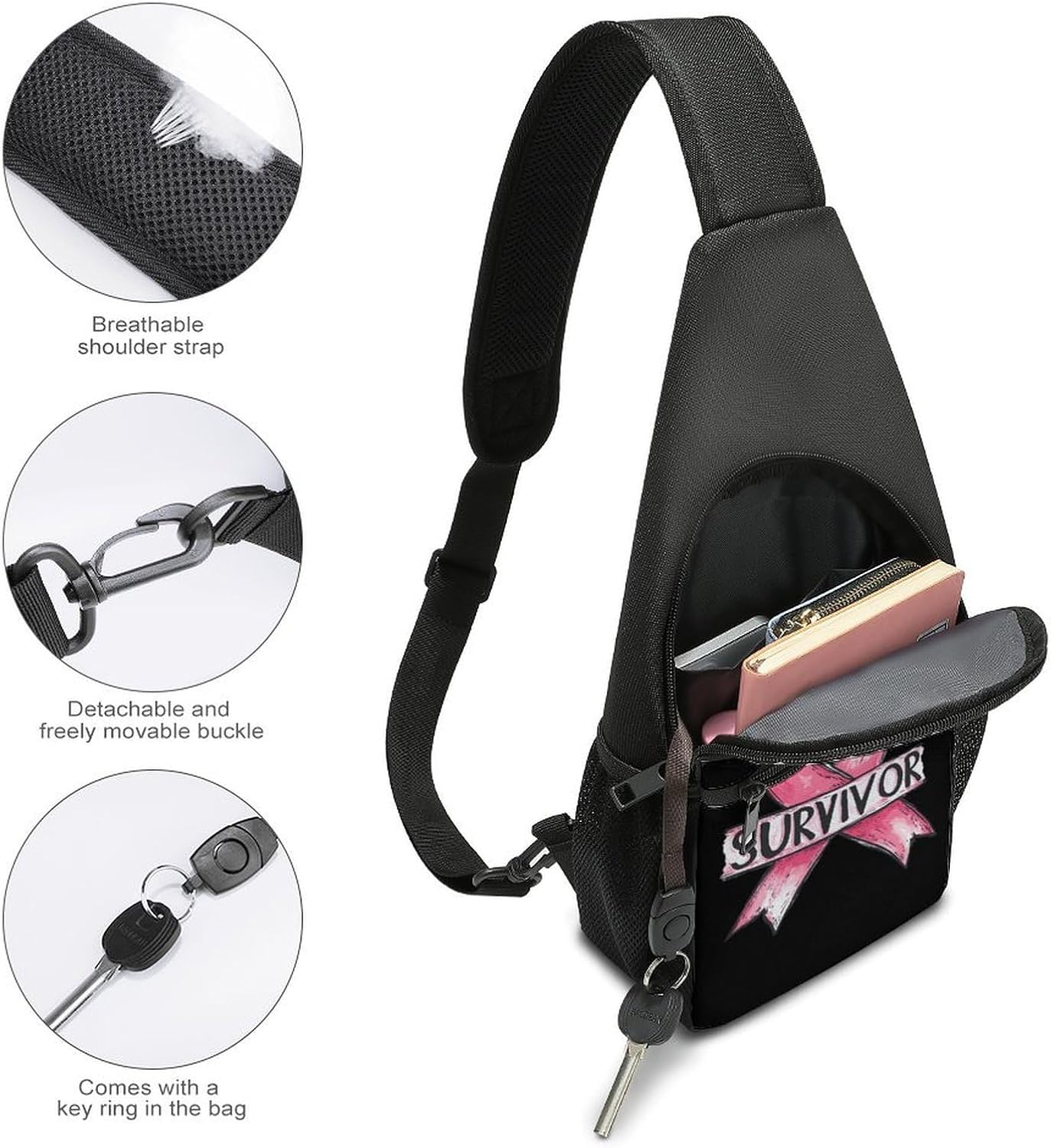 Breast Cancer Survivor Crossbody Sling Backpack Chest Bag Daypack | unisex,trendy,with convertible and detachable shoulder strap,side pockets