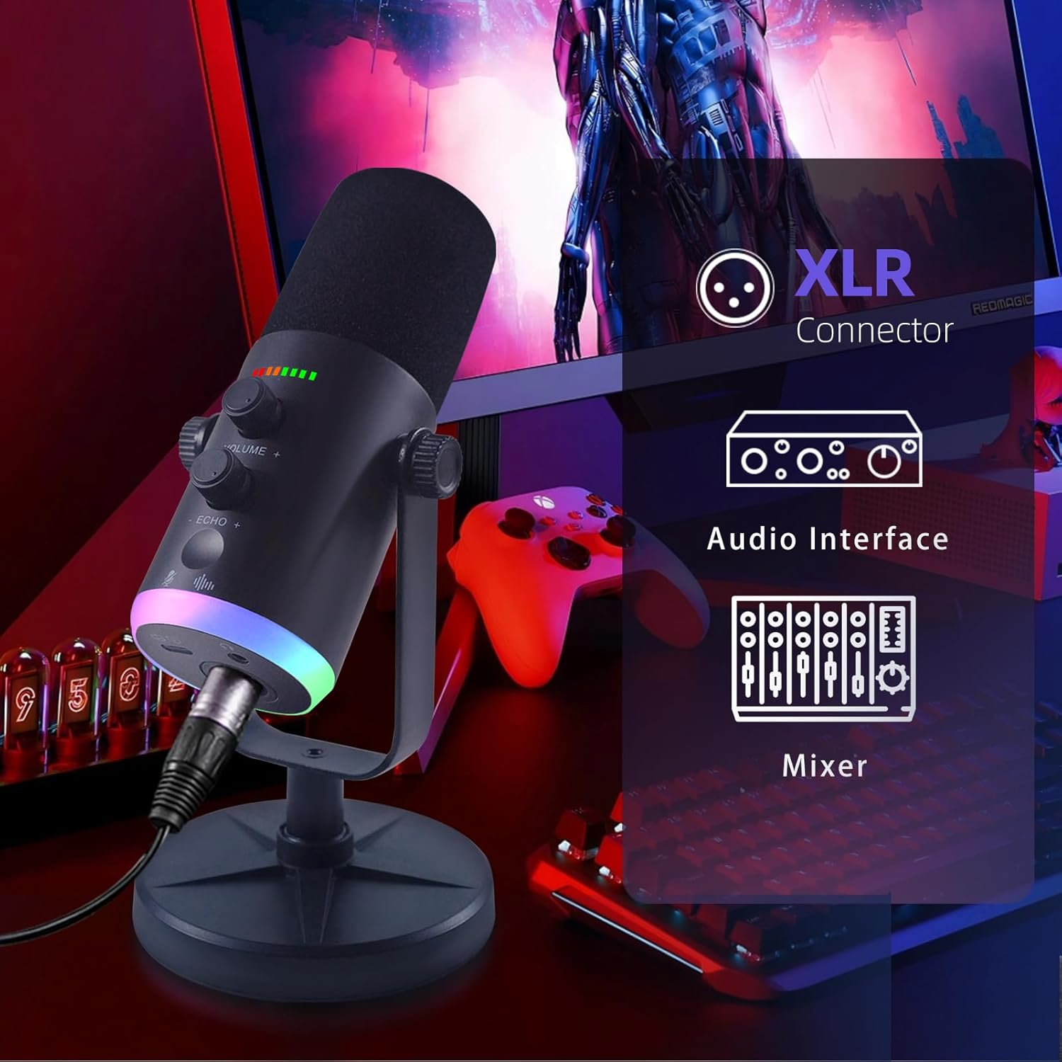 Yamnweo YU7 Microphone connected via XLR to an audio interface and mixer