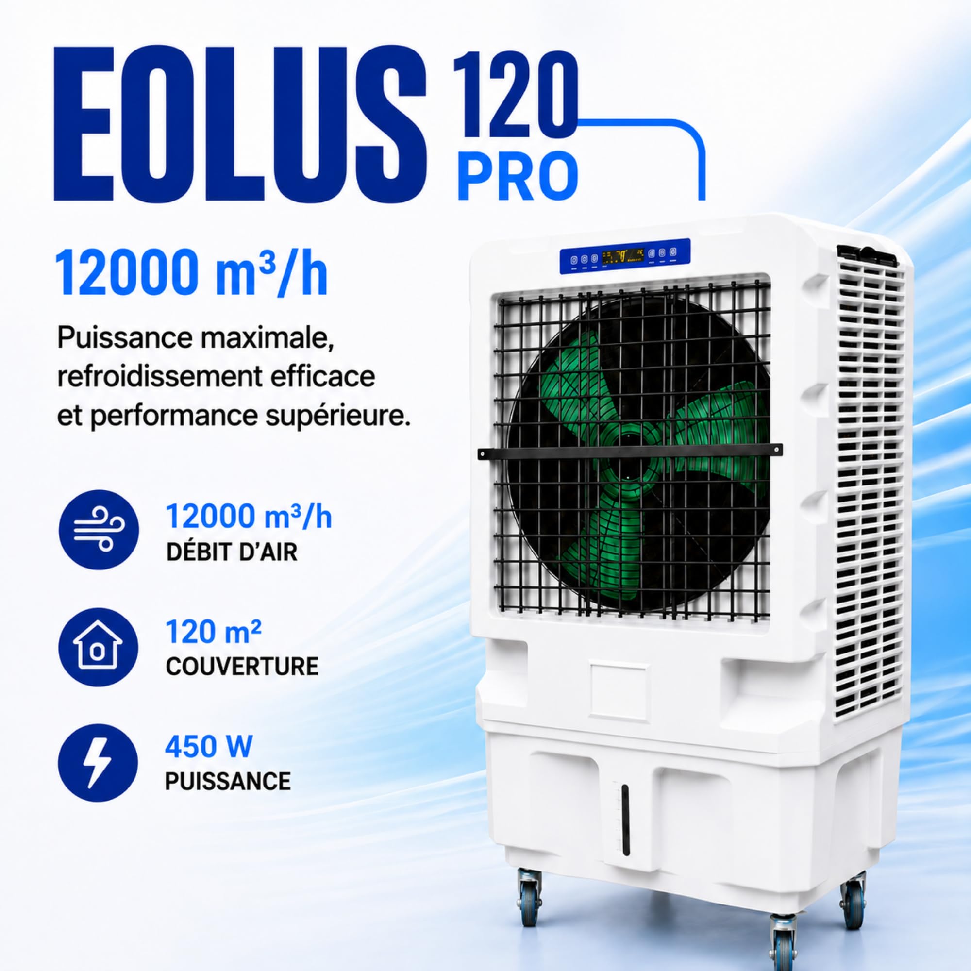 Climatizador Evaporativo Profesional VONALA EOLUS 120 PRO – Enfriador de Aire Portátil, Depósito 50L, Caudal 13000 m³/h, Cobertura 150m², 800W, Industrial Pórtatil, Ideal Terrazas y Hostelería