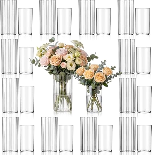 24 Pack Clear Plastic Cylinder Vases,6 & 8 Inch,Ribbed & Smooth | Flower Vases Bulk for Wedding Centerpieces, Floating Candle Holders, Ribbed Containers for Party Events Home Table Decor