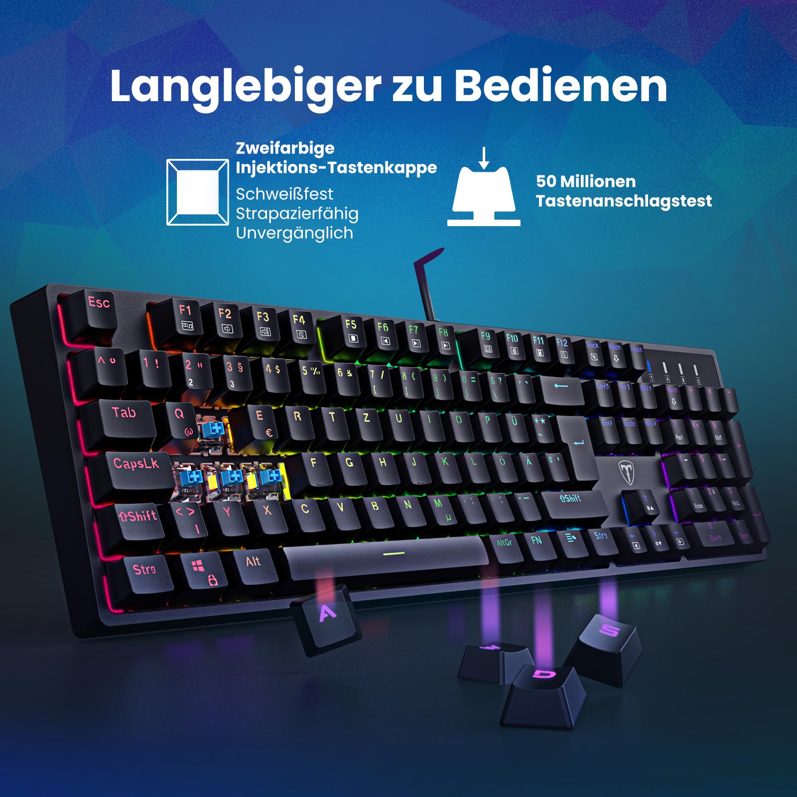 Mechanische Gaming Tastatur QWERTZ mit RGB-Beleuchtung (Blue Switches) - 104 Tasten USB-Kabelgebunden, 20 Beleuchtungsmodi, N-Key Rollover, Wasserdicht ——PC Tastatur Mit Kabel für Gamer (Schwarz)