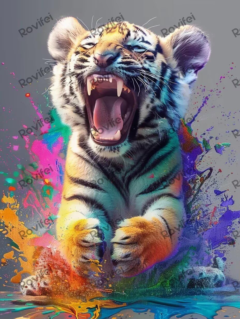 Cute Little Tiger Diamond Art Kits for Adults, DIY Full Round Fine Rhinestones with Gem Craft Diamond Painting, for Home Decor Wall Decor Gifts 18X25 Inch