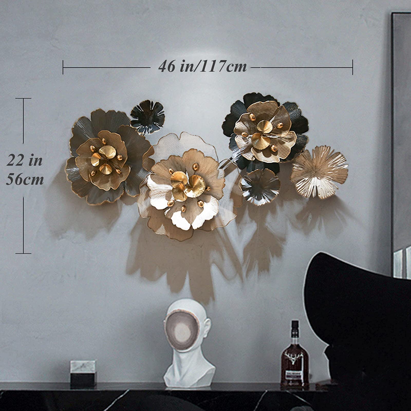 CAMBOS Décoration Murale Sculpture murale moderne en forme de fleur 3D - Décoration murale en métal - Fer forgé - Décoration murale créative faite à la main - Arts artificiels - 117 x 56 cm