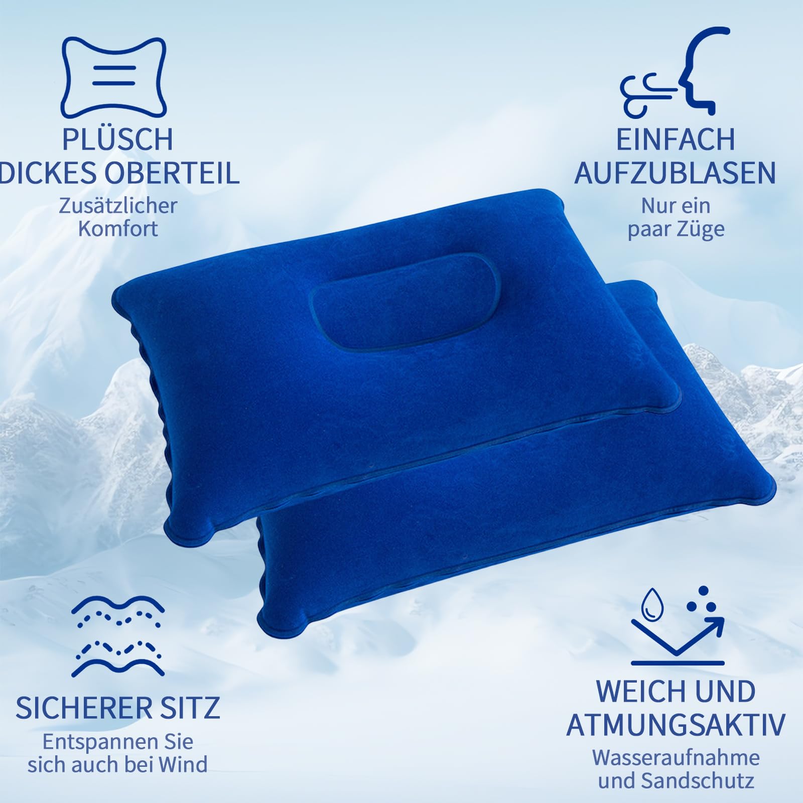 MOAZIFI 2 Stück Aufblasbares Kissen, Strandkissen Camping Reisen Urlaub Must Haves - Ultraportable Komfortkissen mit Weicher Beflockung für Strand Freizeit Camping Reisen Auto Hotel - 38 x 24 cm