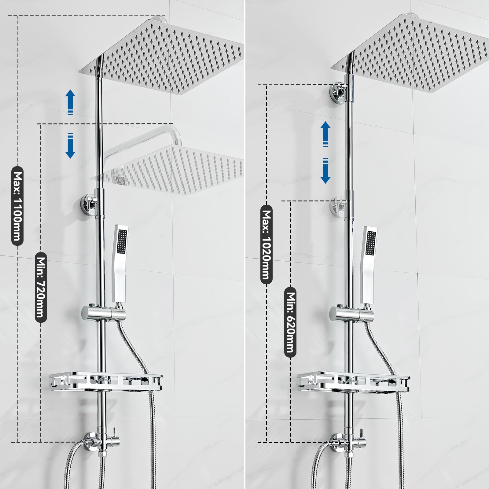 Auralum Columna Ducha Sin Grifo, Rociador de Ducha 30x30cm Acero Inoxidable 304, Alcachofa Ajustable y Estante Sin Taladro, Barra Ducha 62-102cm Compatible Orificios Existentes para Bañera, Cromo