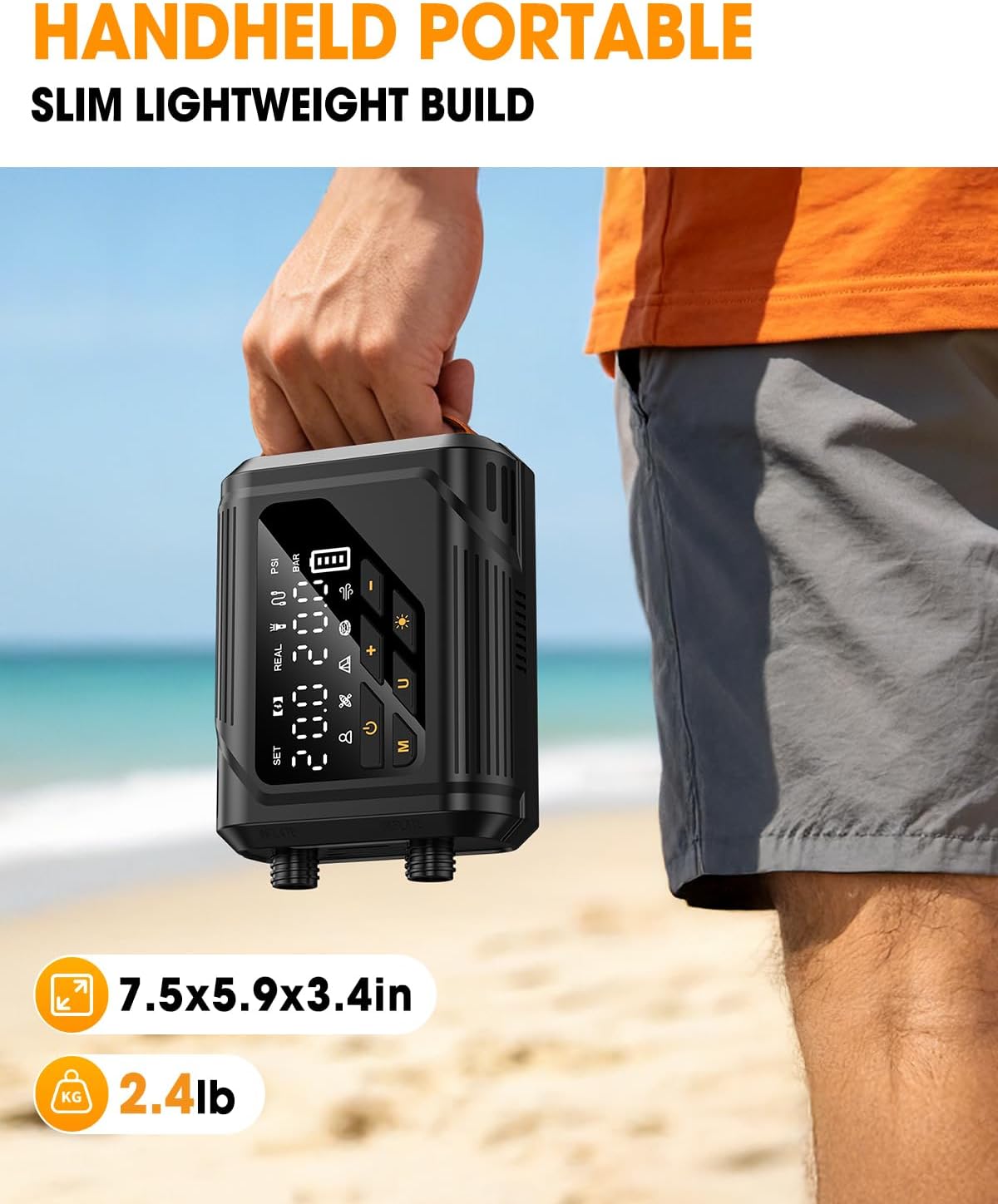 Electric Paddle Board Pump, Rechargeable SUP Pump with 12V Car Power, Auto-Off to 20 PSI, Dual-Stage Portable Air Pump with Deflate, 7 Nozzles for Paddle Boards, Kayaks & Inflatables