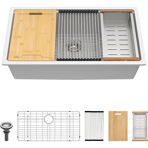 Lordear 33 Inch White Kitchen Sink Undermount Composite Granite Quartz Single Bowl Workstation 33x19x10 Inch Under Counter Kitchen Sinks