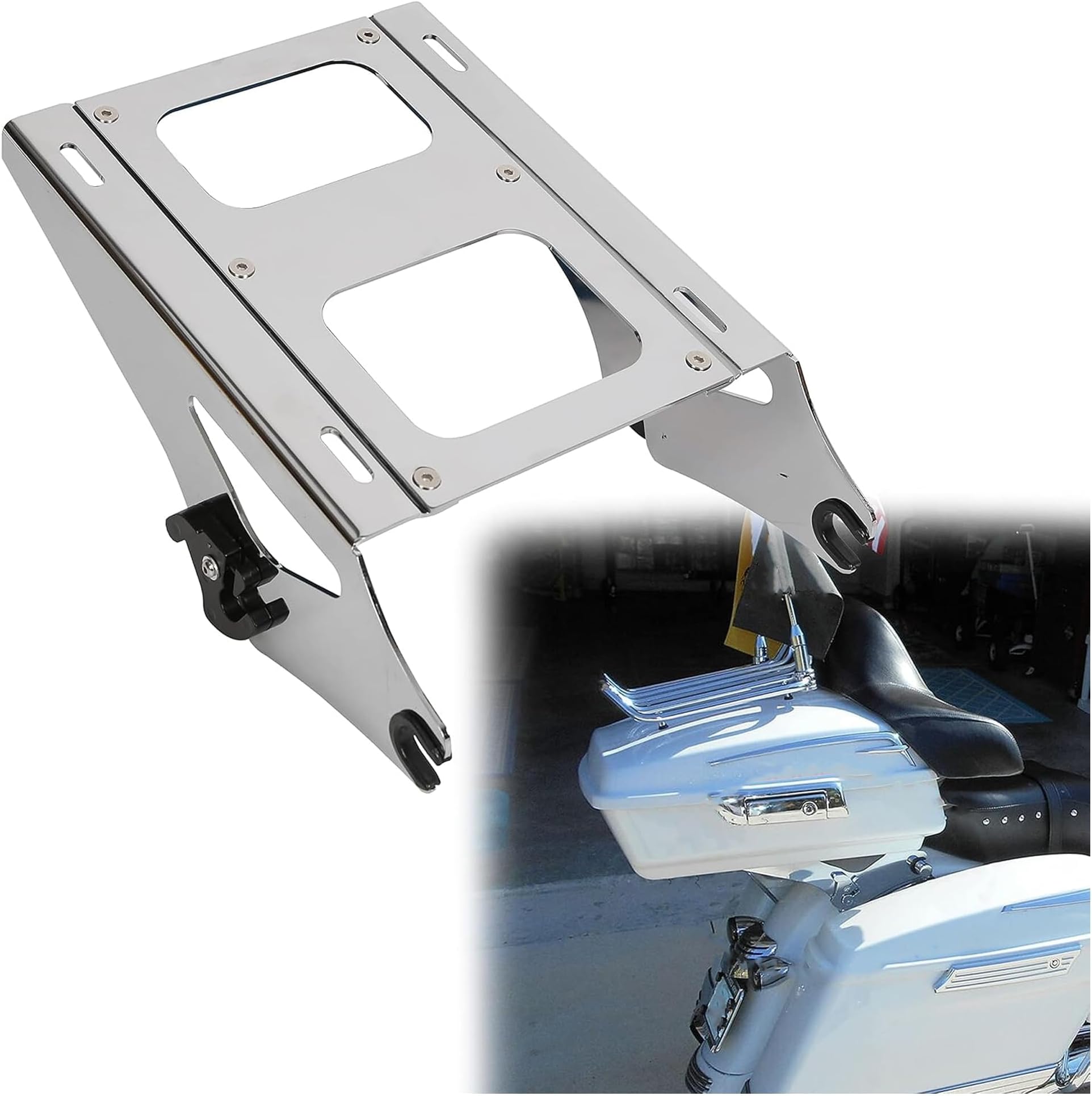 ECOTRIC Chrome Detachable 2 Two Up Motorcycle Trunk Pack Mounting Luggage Rack Compatible with 2014-2024 Harley Davidson Touring Road King Street Glide Road Glide