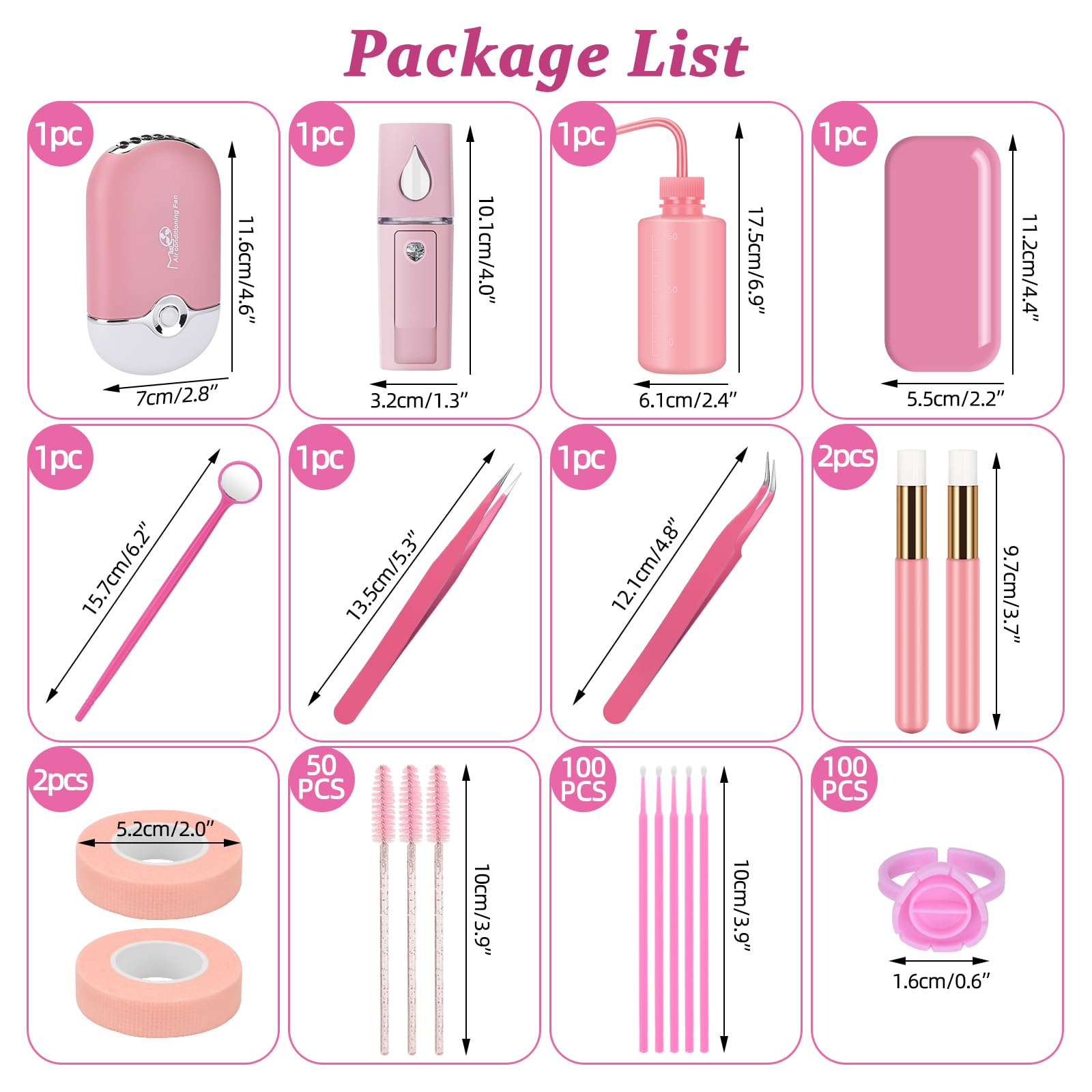 ATOMUS Kit de extensión de pestañas kit de cepillo de pestañas rosa microclaser aire acondicionado USB secador de pelo pinzas faciales espejo de pestañas botella de cepillo de pestañas