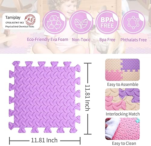 Miniatura 4 de Tapete de juego de espuma para bebé, tapete entrelazado de 0.4 pulgadas de grosor con colores sólidos, cuadrados suaves y no tóxicos, tapete de
