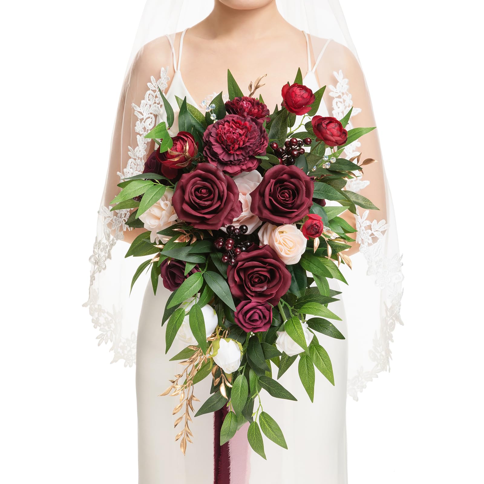 Photo 1 of Ling's moment Bridal Bouquet - Small Cascade, Marsala & Blush Pink