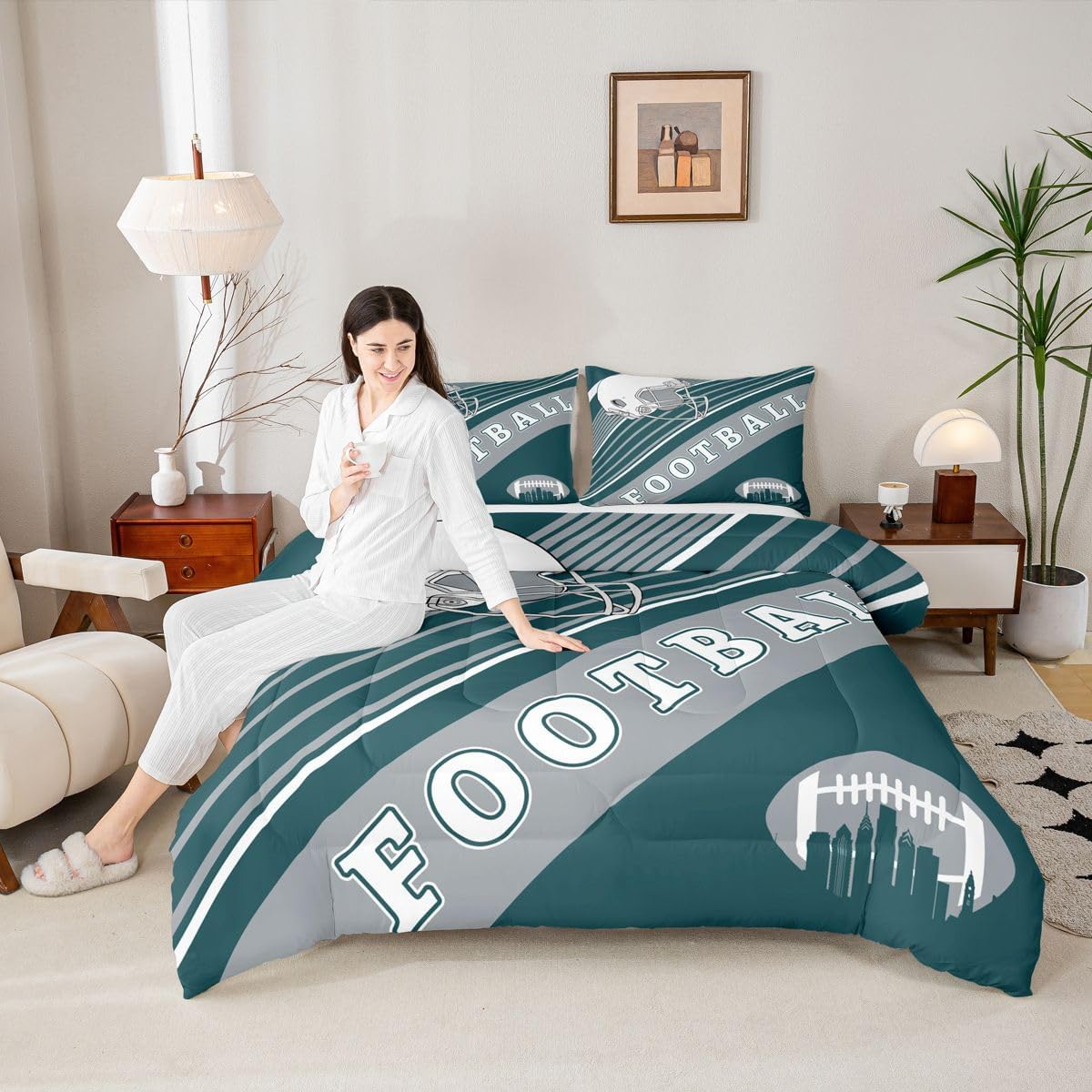 Erosebridal Football Comforter Set Football Lovers Toddler Bedding Set, Rugby Sports Decor Bedding Comforters & Sets Birthday Gifts for Men Geometric Striped Duvet Set, Queen 3Pcs