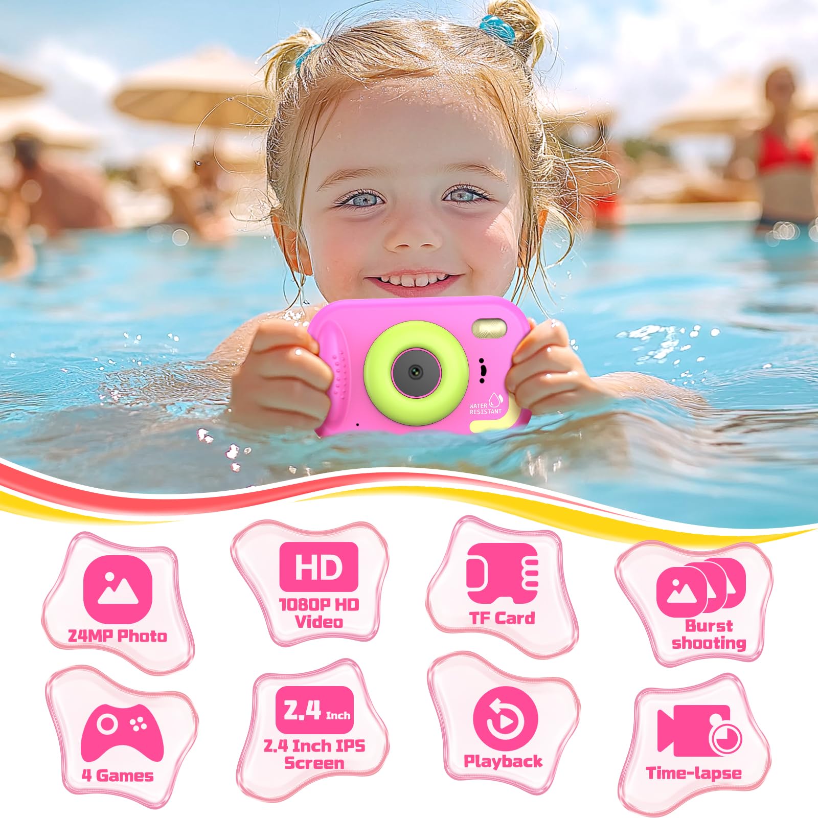 Cámara Fotos Infantil, Cámara Acuática para Niños, 48MP HD 1080P Cámara Impermeable para Niños con Pantalla de 2,4 Pulgadas Tarjeta de 32GB, Flash LED, Regalo para Niños y Niñas de 3-12 Años (Rosa)