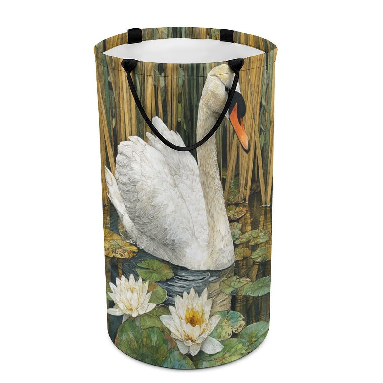 LUYYSKY Rustic Watercolor Elegant Swan Versatile Storage Laundry Basket, Retro Painting Art Lake Lotus Flowers Animal Swan Pattern Large Capacity Bathroom Hamper With Handle