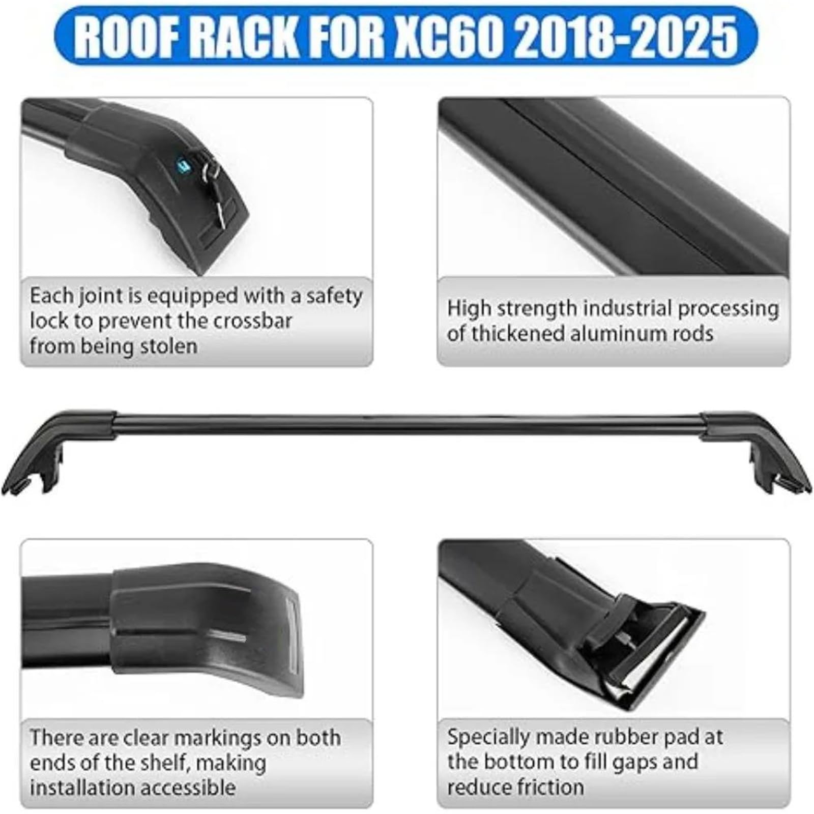 Genérico Barras Transversales Aluminio Portaequipajes Techo Coche con Rieles Metálicos Antirrobo para Volvo XC60 2018-2025