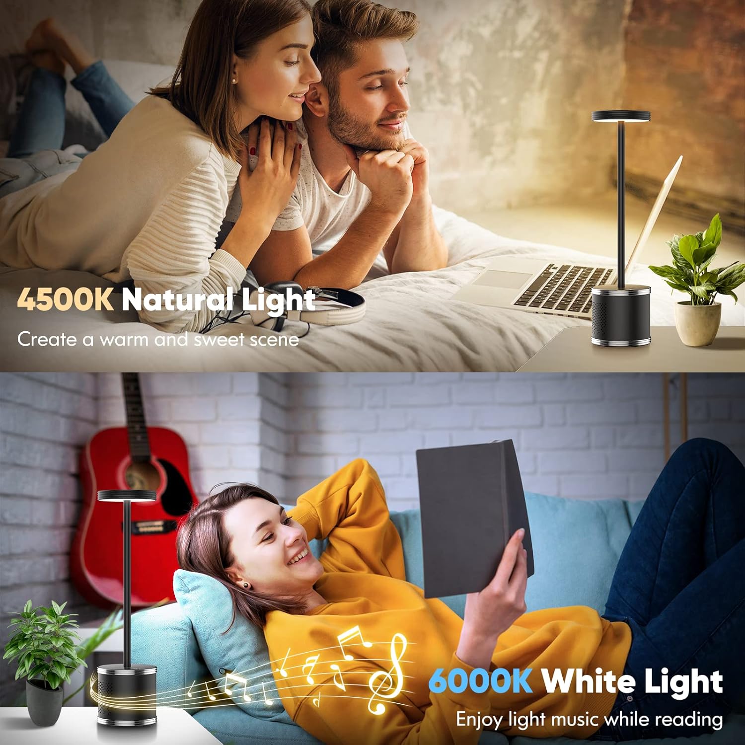 Black LED Cordless Table Lamp Set of 2, Rechargeable Wireless Lamps with Speaker, 3 Color Dimming Desk Lamp for Bedside, Room, Office, Restaurant, Bar, Night