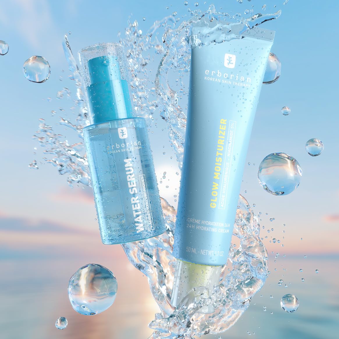 ERBORIAN Serum nawilżające 30 ml + rozjaśniający krem nawilżający 50 ml | Duo nawilżające i świecące | Kwas hialuronowy i niacynamid | Nawilża, wypełnia i rozświetla
