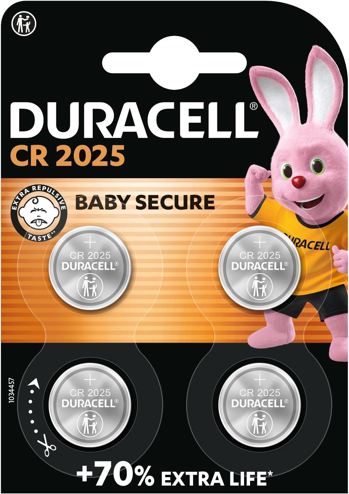 DURACELL 2025 Lithium Coin Batteries 3V (4 Pack) - Up to 70% Extra Life - Baby Secure Technology - For Use in Key Fobs, Fitness Watches and 3D Glasses - Baby Secure Packaging