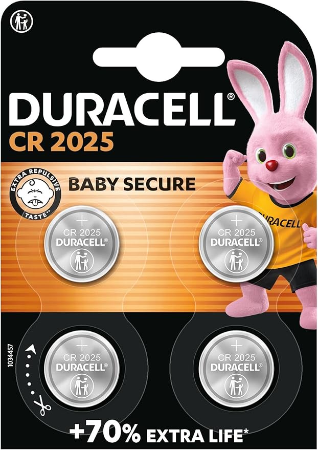 Duracell 2025 pilas de botón de litio 3 V (paquete de 4) - Hasta un 70 % más de duración - Tecnología Baby Secure - Para llaves de control remoto, relojes deportivos y gafas 3D - Embalaje seguro