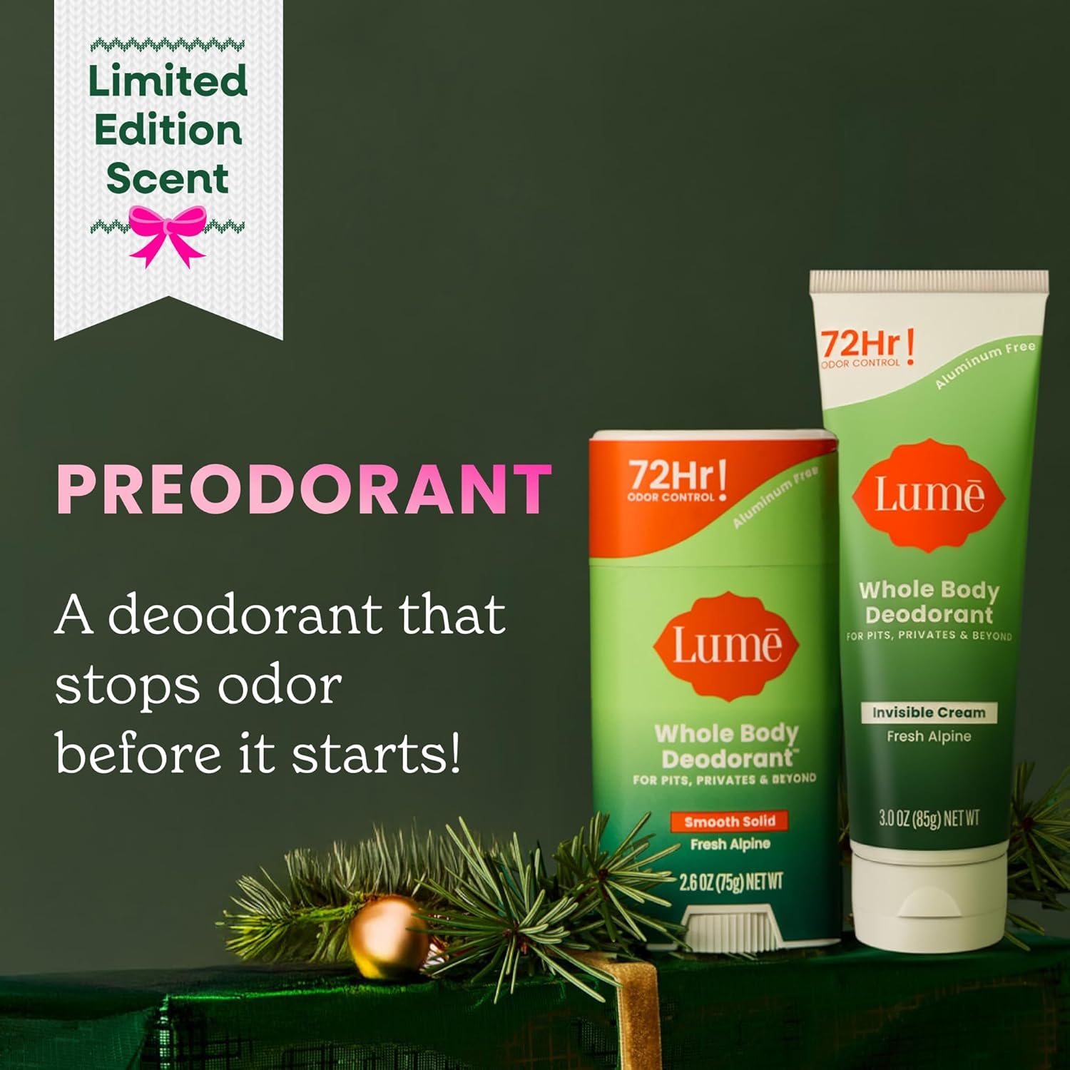 Lume Whole Body Deodorant - Invisible Cream Tube and Solid Stick - 72 Hour Odor Control - Aluminum Free, Baking Soda Free, Skin Loving - 3.0 Ounce Tube and 2.6 Ounce Solid Stick Bundle (Fresh Alpine) - Image 3