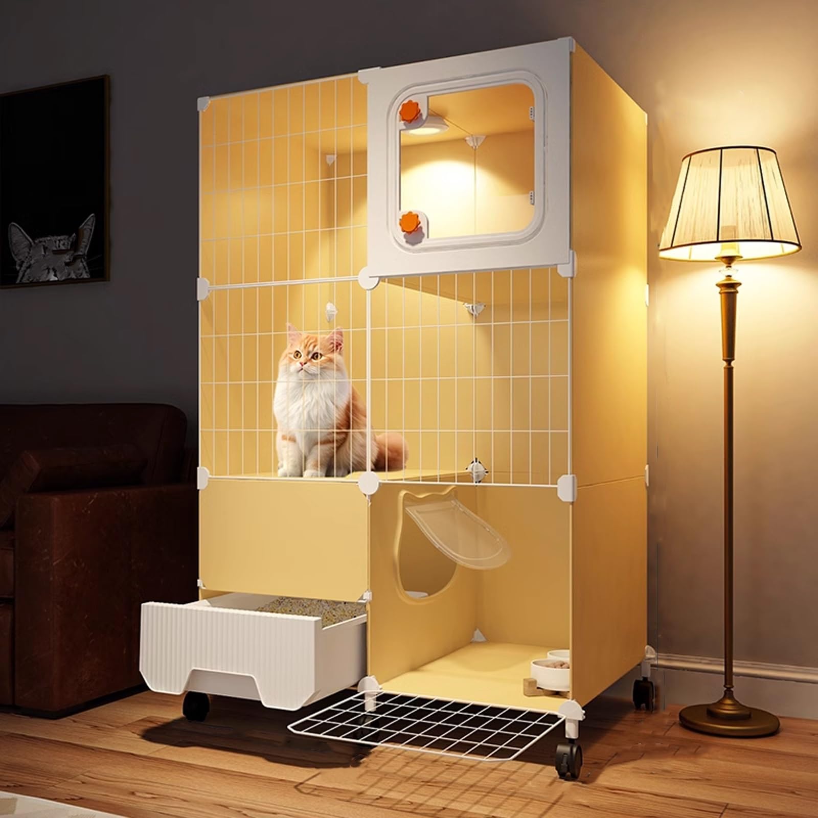 Porte verrouillable coupe-vent sur cage pour chat d'intérieur fermée