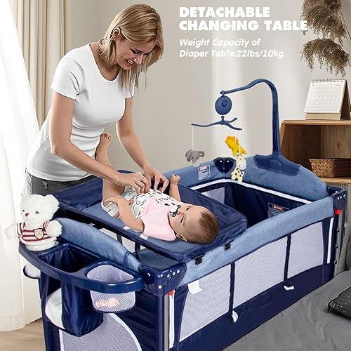 Miniatura 2 de PEARLOVE Cuna de noche para bebé con cambiador de pañales portátil, paquete 5 en 1 y cuna de bebé para recién nacido, colchón, corral, caja de
