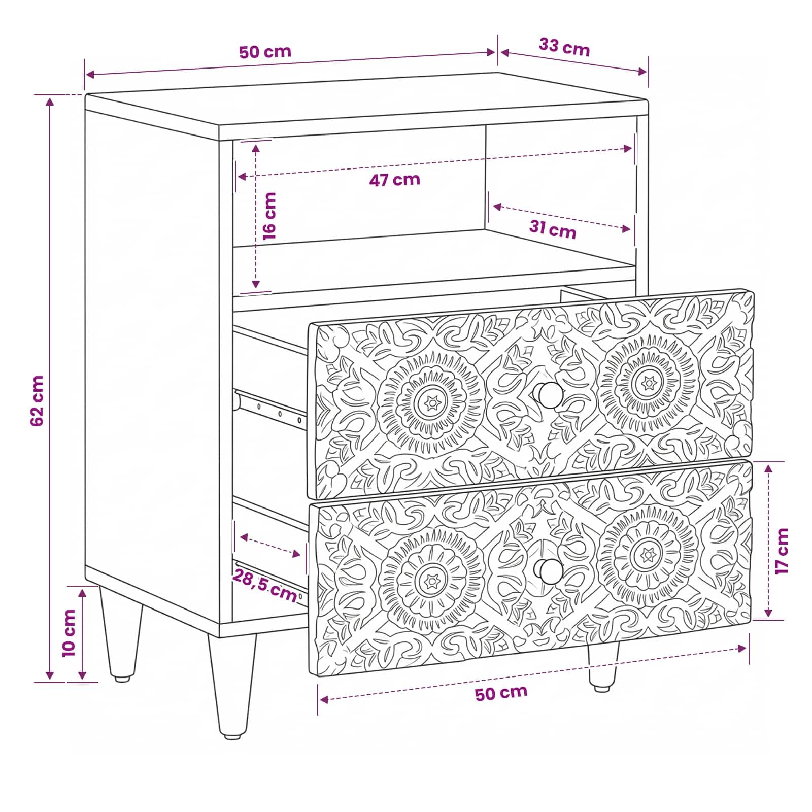 Mobiletto da letto in legno di mango massello marrone con 2 cassetti 50 x 33 x 60 cm, comodino versatile salvaspazio per camera, soggiorno, ufficio e ingresso