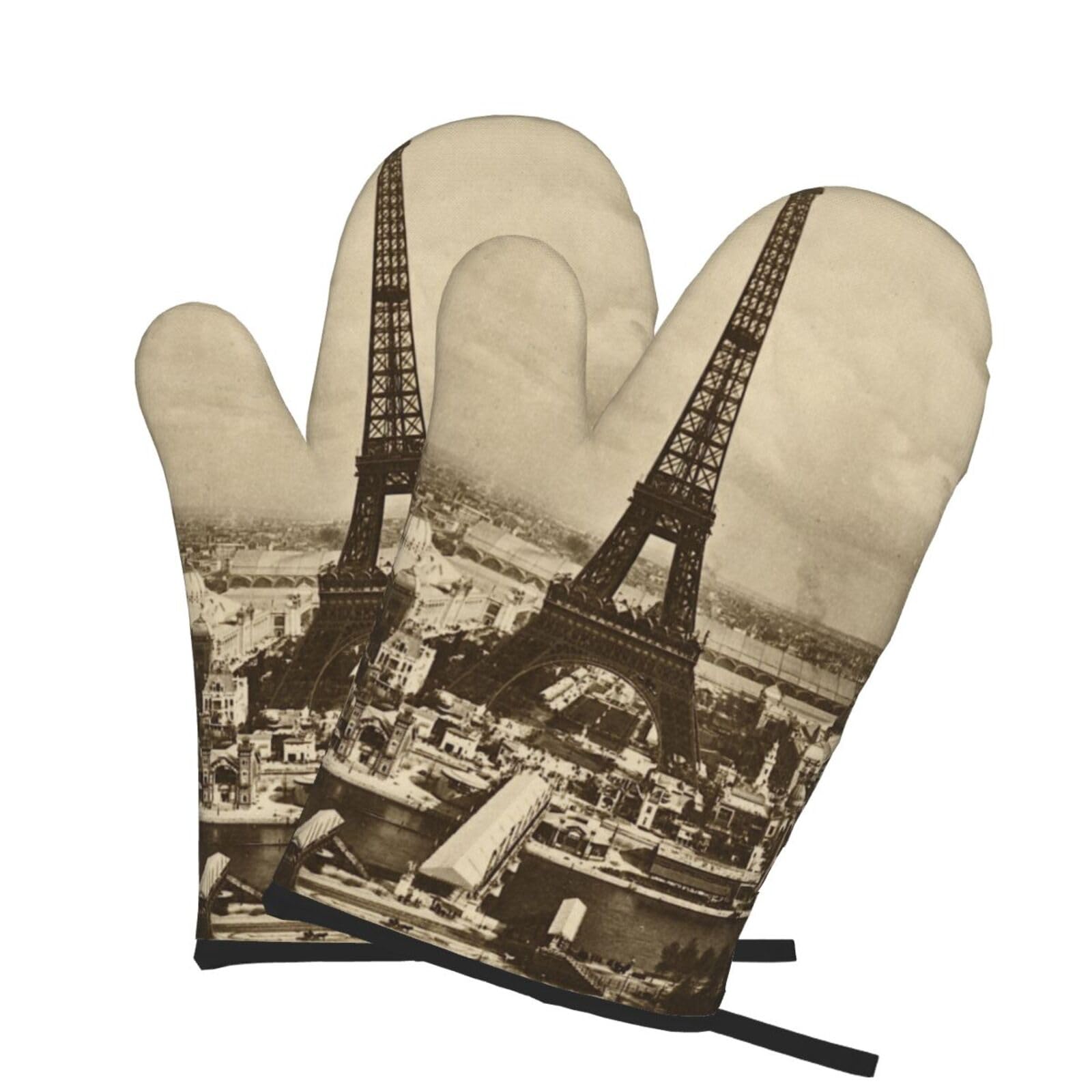 Oven Mitts Set of 2 Pcs, Paris Eiffel Tower Prints Heat Resistant Kitchen Gloves for Cooking Baking Grilling