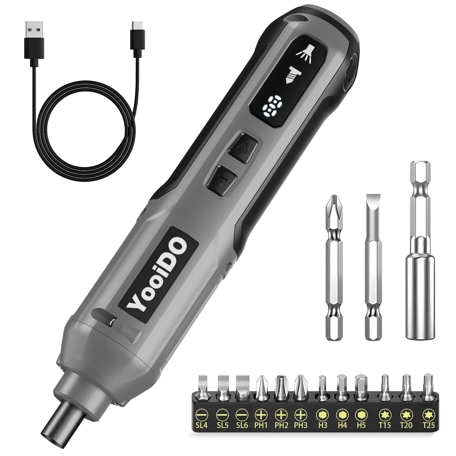 電動ドライバー YooiDO充電式ドライバー 2000mAh電動5N.m 手動15N.m USB-C充電式 5段階切替 15本ビット付(グレー)