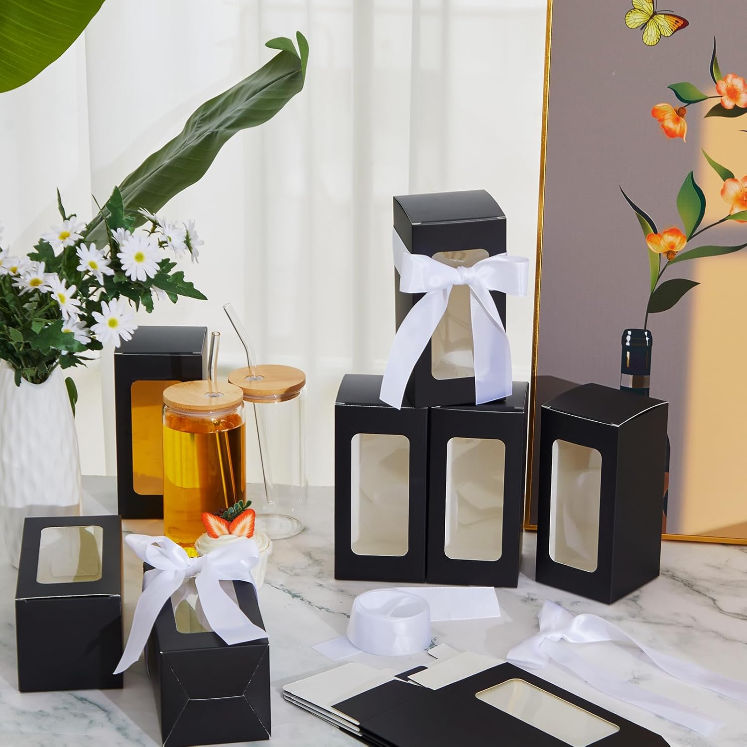Fulmoon 12 Sets Sublimation Glass Cup Boxes Glass Bottle Boxes with Ribbon Valentine's Day Shipping Blanks Gift Wrap Gaine for Birthday Wedding Party Drinking Glasses Cup(Black) - Image 4