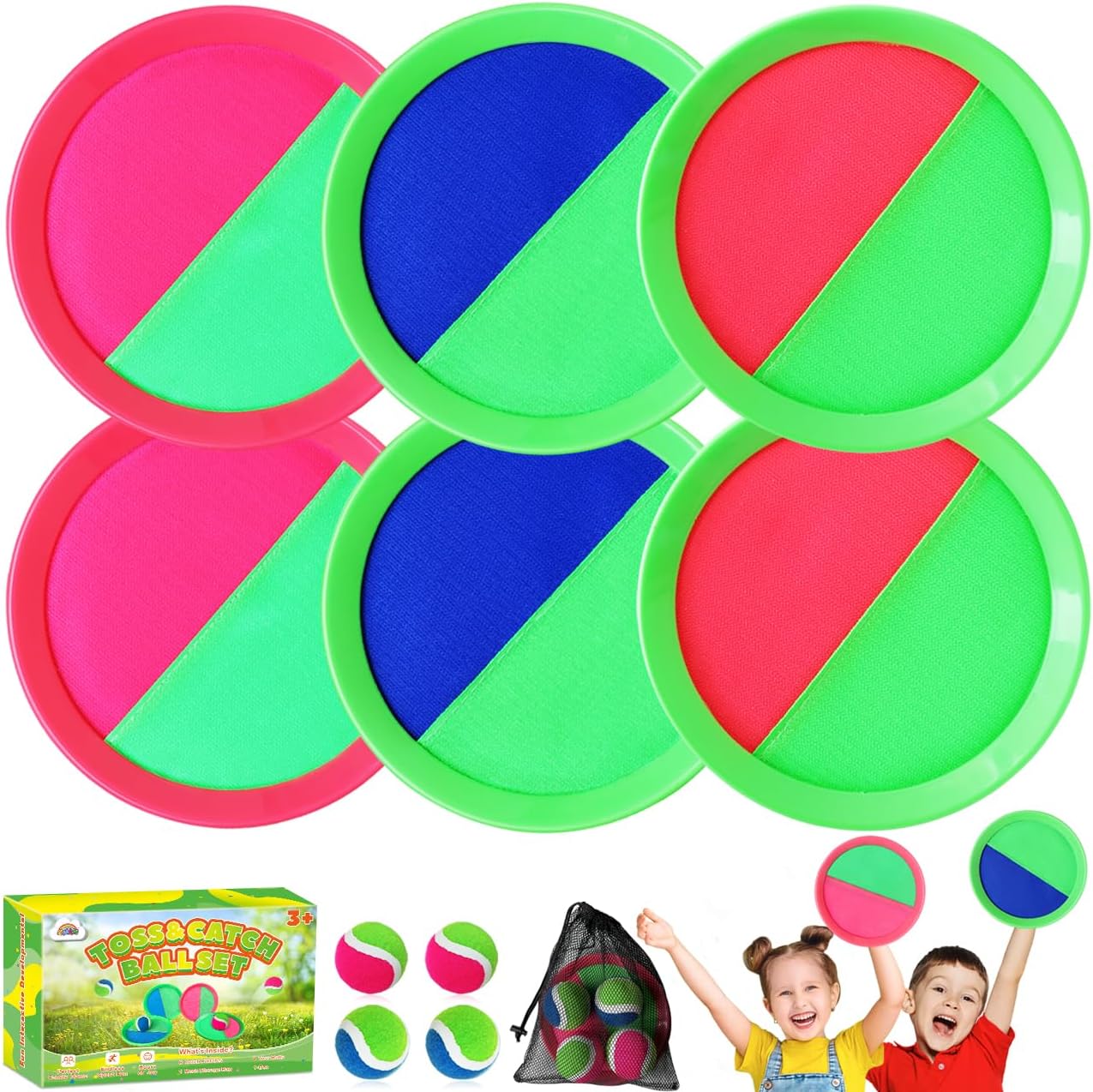 ZMLM Outdoor Toy Toss Catch Ball Outdoor Games, Garden Games, Playground Equipment for Beach, Backyard, Lawn Activities - Kids Ages 3-12 Birthday Gifts with 6 Sticky Paddles & 4 Throw Balls