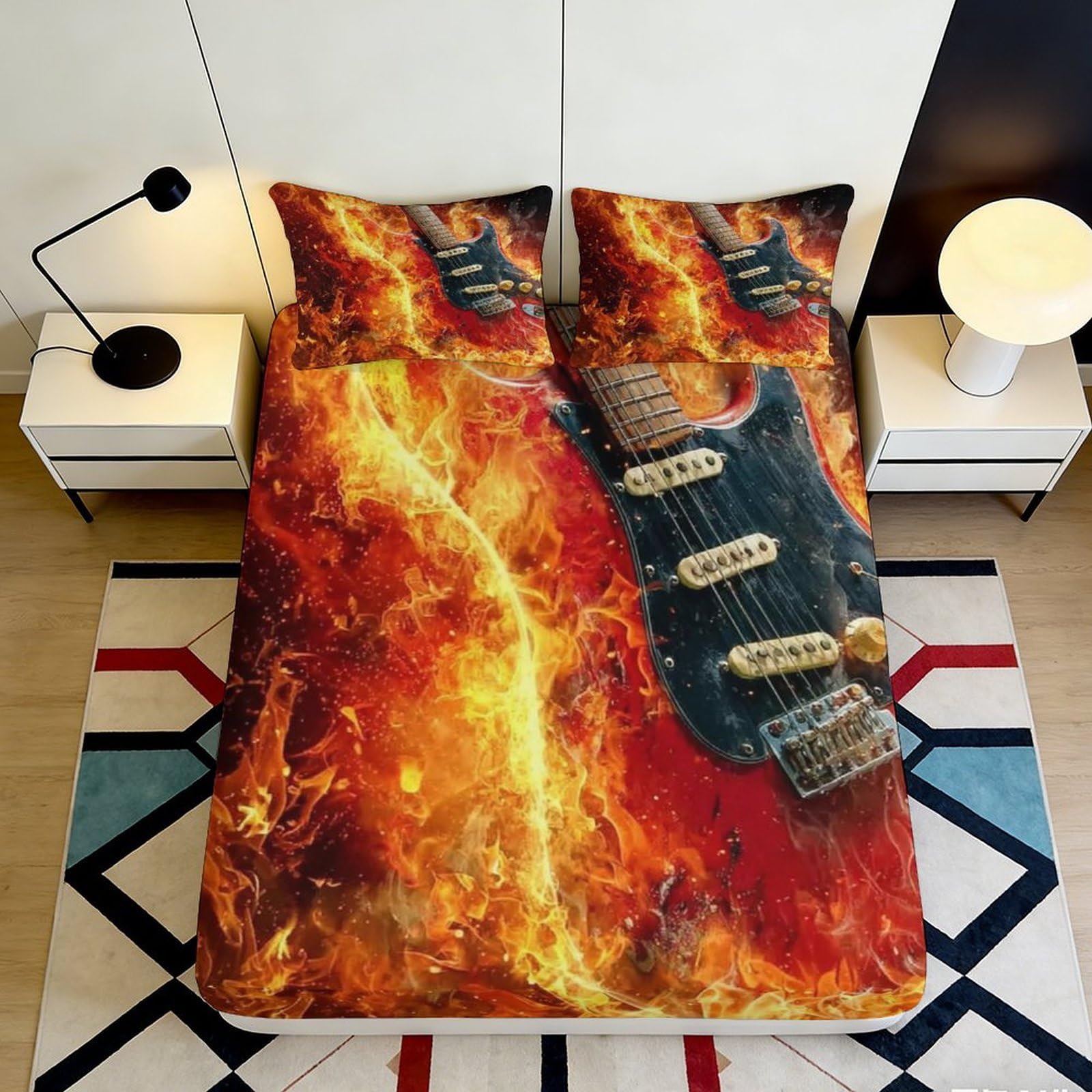 3D Printed Fire Guitar Fitted Sheet Microfiber Soft Machine Washable Flame Bed Cover for Bedroom Dorm Decor Protection 90x200x25cm