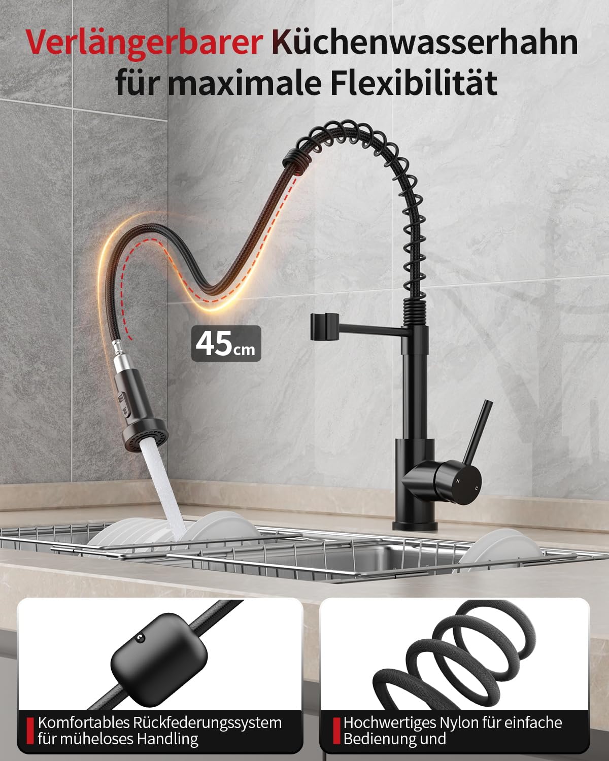 Rainsworth Wasserhahn Küche Schwarz Edelstahl - Zwei Wasserstrahlarten Hochdruck Herausziehbare Küchenarmatur mit Brause Ausziehbar, Spültischarmatur 360° Drehung Geeignet für Küchen