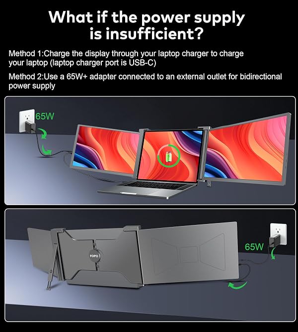 FOPO 15.6" Triple Portable Laptop Monitor, FHD 1080P IPS Screen Extender Portable Display for 15.6-17.3” Laptops, PnP Travel Laptop Screen Extender with USB-C&HDMI, Dual Monitor for Windows, Mac by FOPO - Used condition - Image 7