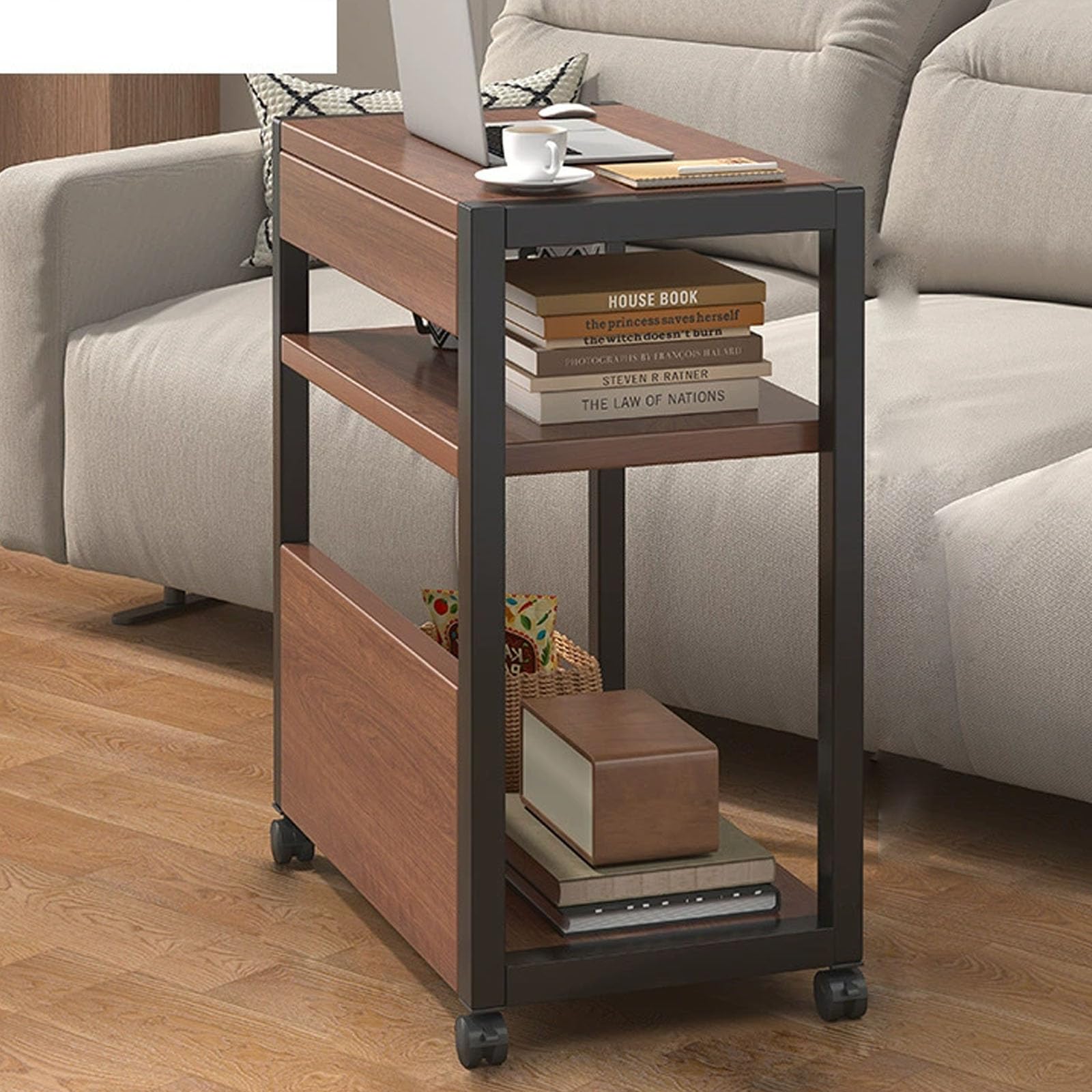 SXZenSpace End Table on Wheels with Storage,Narrow Side Modern,3-Tier Printer Stand,Small for Small Spaces,Couch,Office,Living Room,Bedroom,Dark Walnut