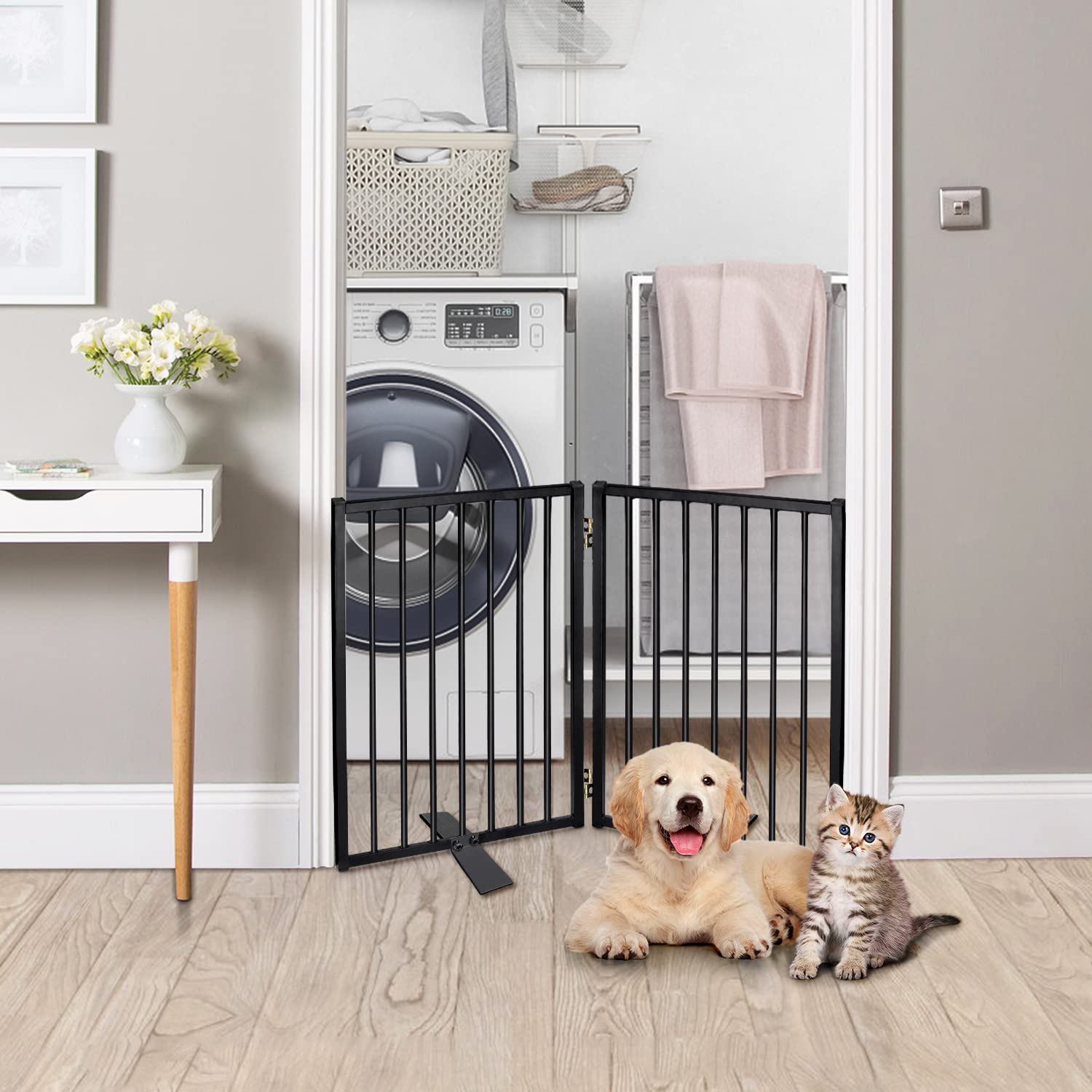 Jeyew Metal Dog Gate for The House Extra Wide, Metal Pet Fences Indoor & Outdoor for Puppy Cat, Freestanding Foldable Dog Gates for Doorways Stairs Front Doors(2 Panels No Door 24" H)