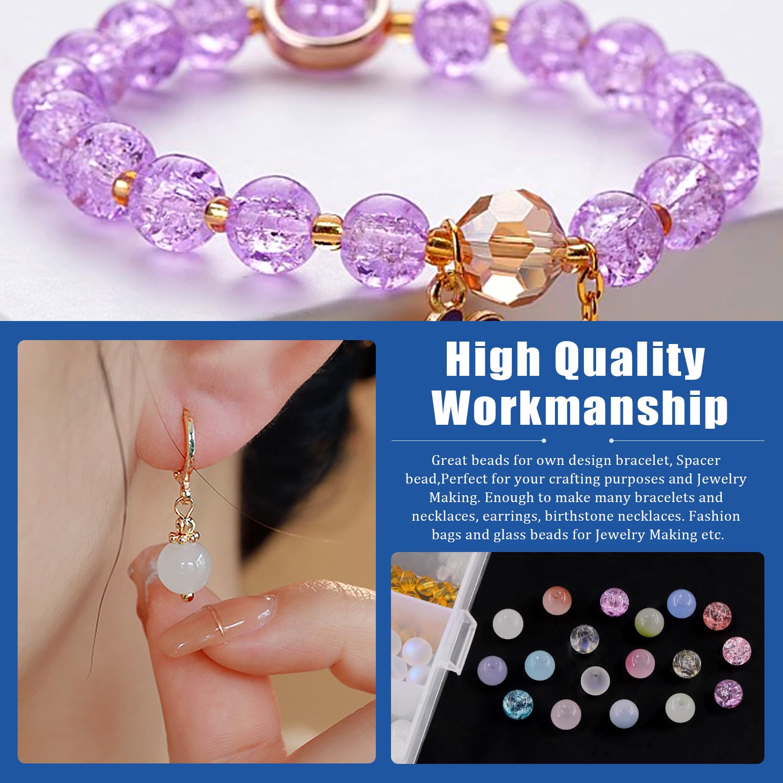 Glarks 603 perline di vetro da 8 mm per la creazione di gioielli, 24 colori fai da te, perline rotonde sfuse per bracciali, orecchini, collane, gioielli fai da te