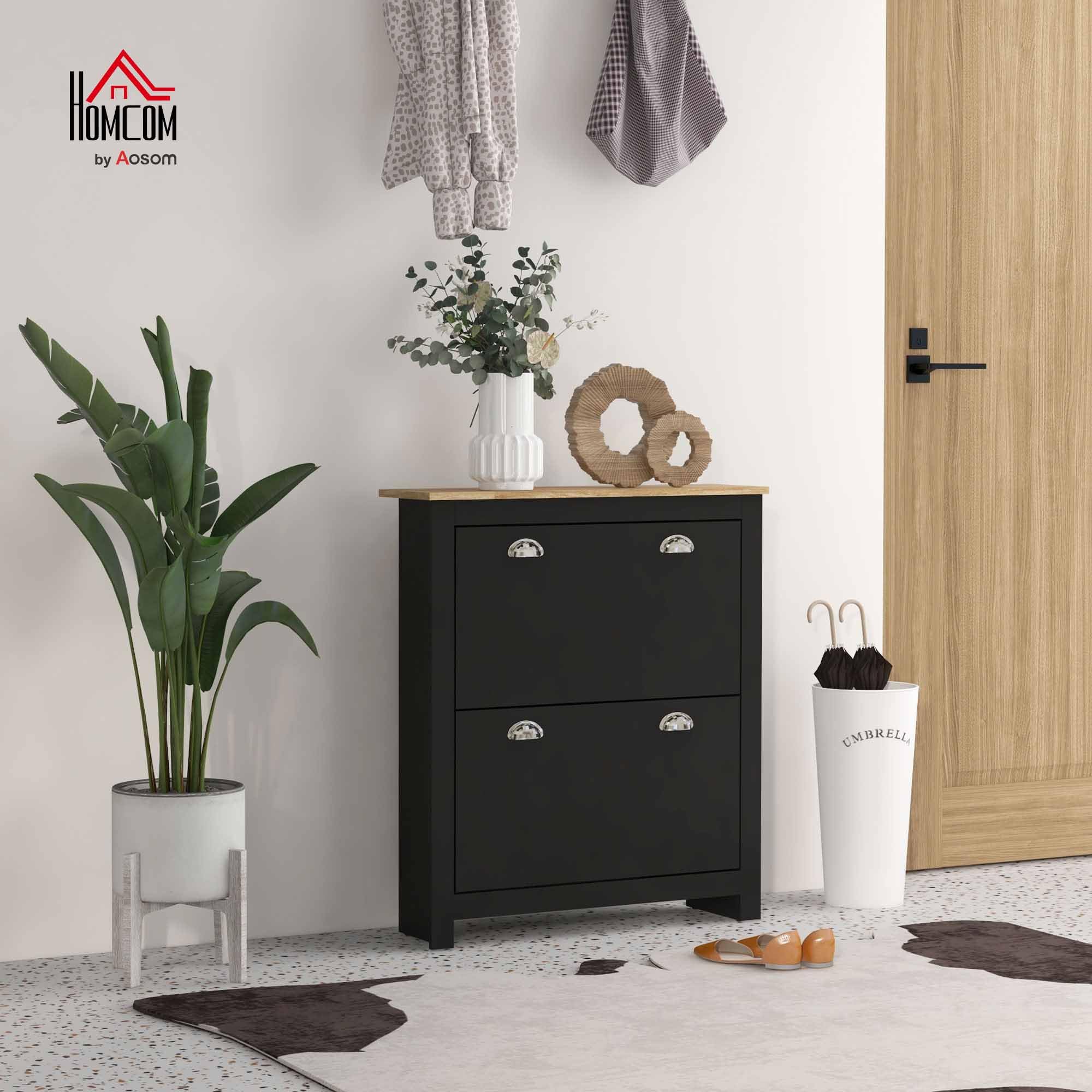 HOMCOM Meuble à Chaussures 12 Paires Étroite 79x23x90,5 cm Noir et Chêne | Armoire à Chaussures, 2 Tiroirs Rabattables, Étagères Réglables, Poignées Coquilles Métal, pour Couloir, Entrée
