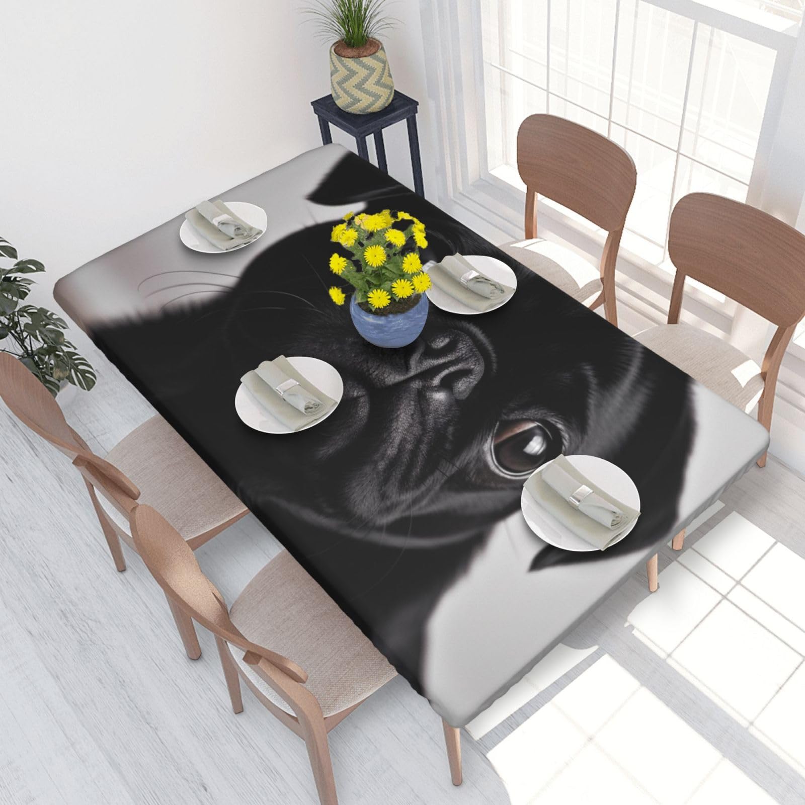 WPKJU Cute Black Pug Dog Printed Tablecloths 4ft Rectangular Table Covers Washable Polyester Decorative Table Cloth for Dining Table Picnic Wedding