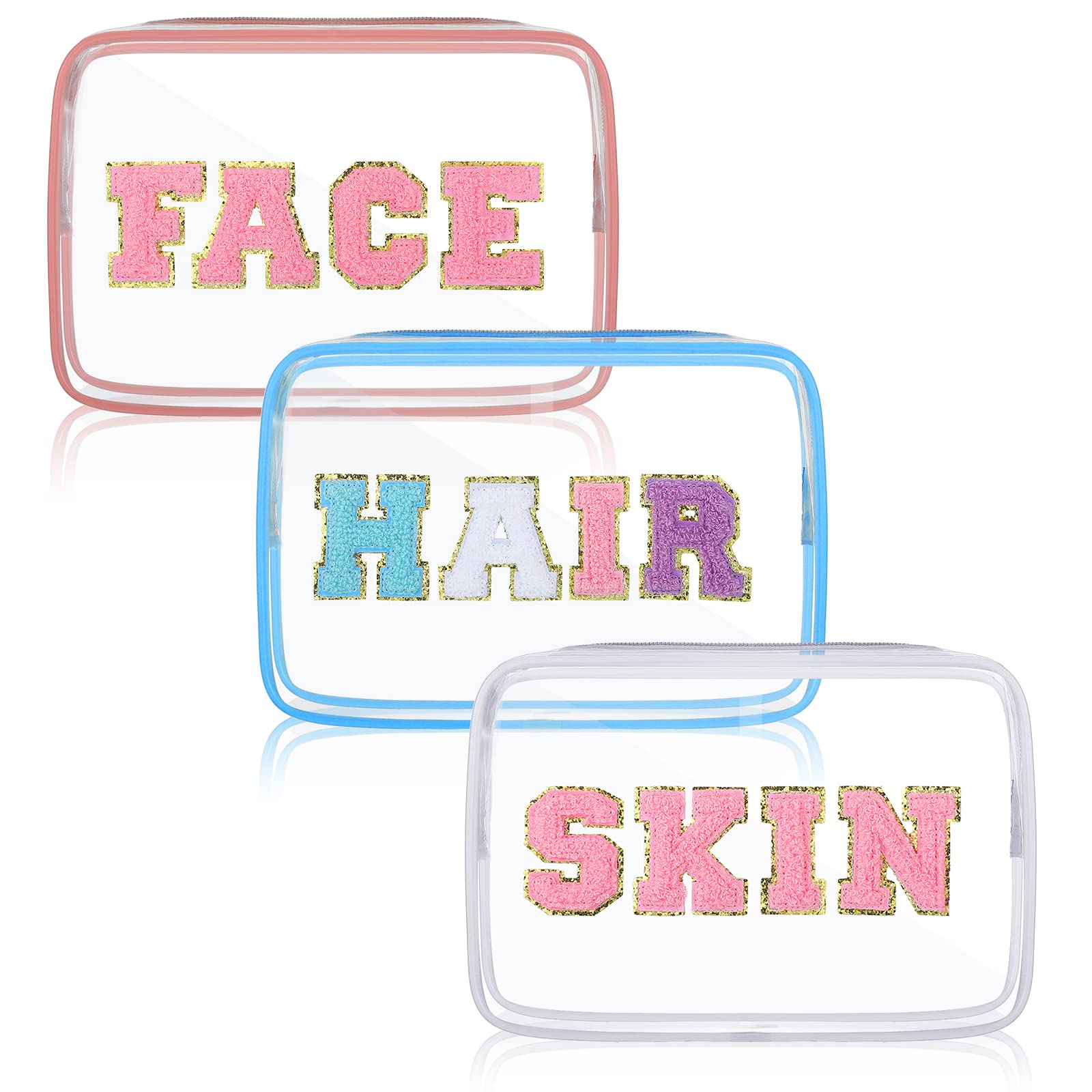 3 Pcs Preppy Clear Makeup Bags Chenille Letter Patch Pouch with Zipper Waterproof Cosmetic Toiletry Bag Transparent Toiletry Bags for Women Girls Gift Bathroom Travel, Vacation (Stylish Style)