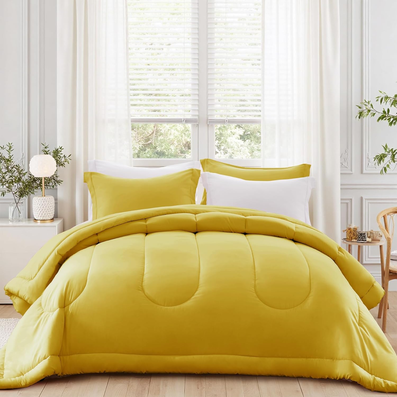 sunstyle home queen comforter set - 3 pieces reversible comforters queen size, lightweight bedding sets with 1 down alternative comforter and 2 pillow shams for all seasons,yellow yellow queen(88"x88")