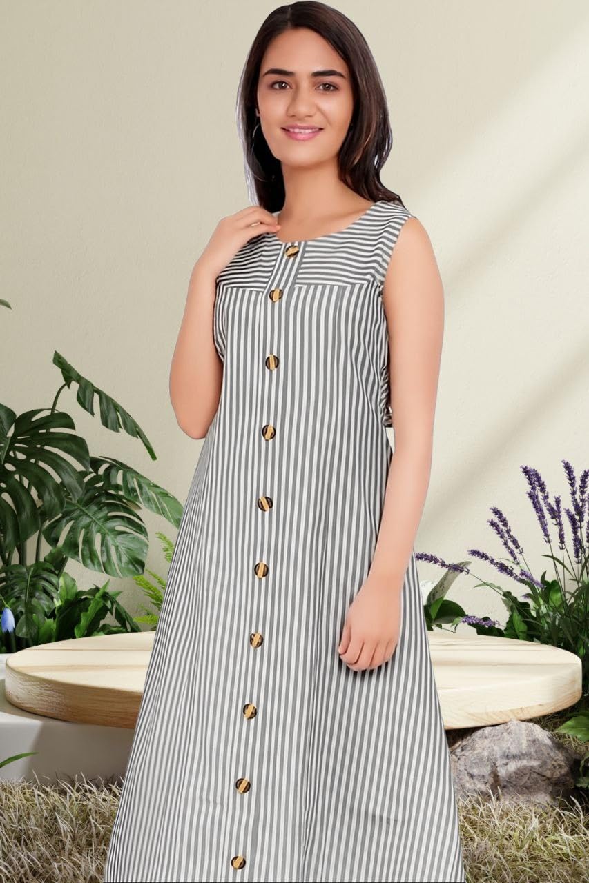 Women's Striped Sleeveless Midi Maxi Dress, Grey and White Vertical Stripes, Button Front-picture-35