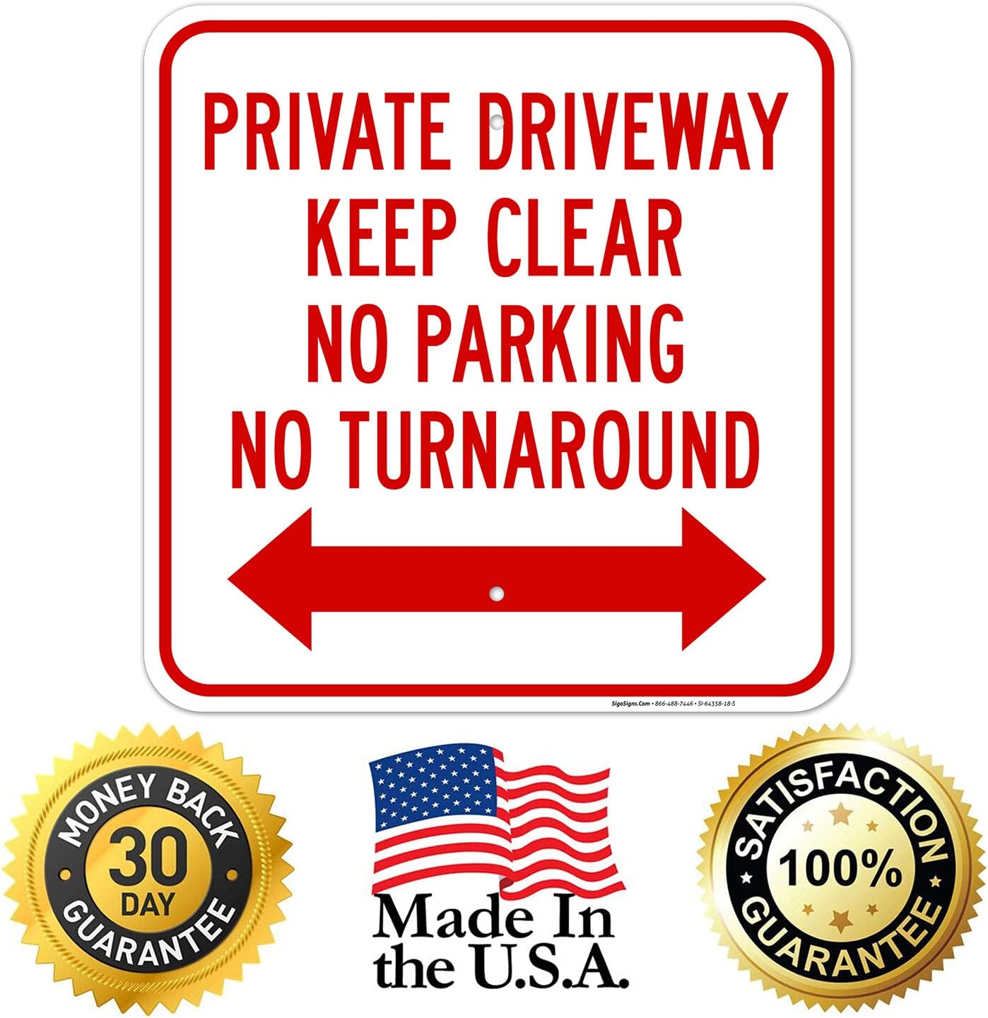 Private Driveway Keep Clear No Parking No Turn Around Bidirectional Arrow Sign, 18x18 Inches, Rust Free .063 Aluminum, Fade Resistant, Made in USA