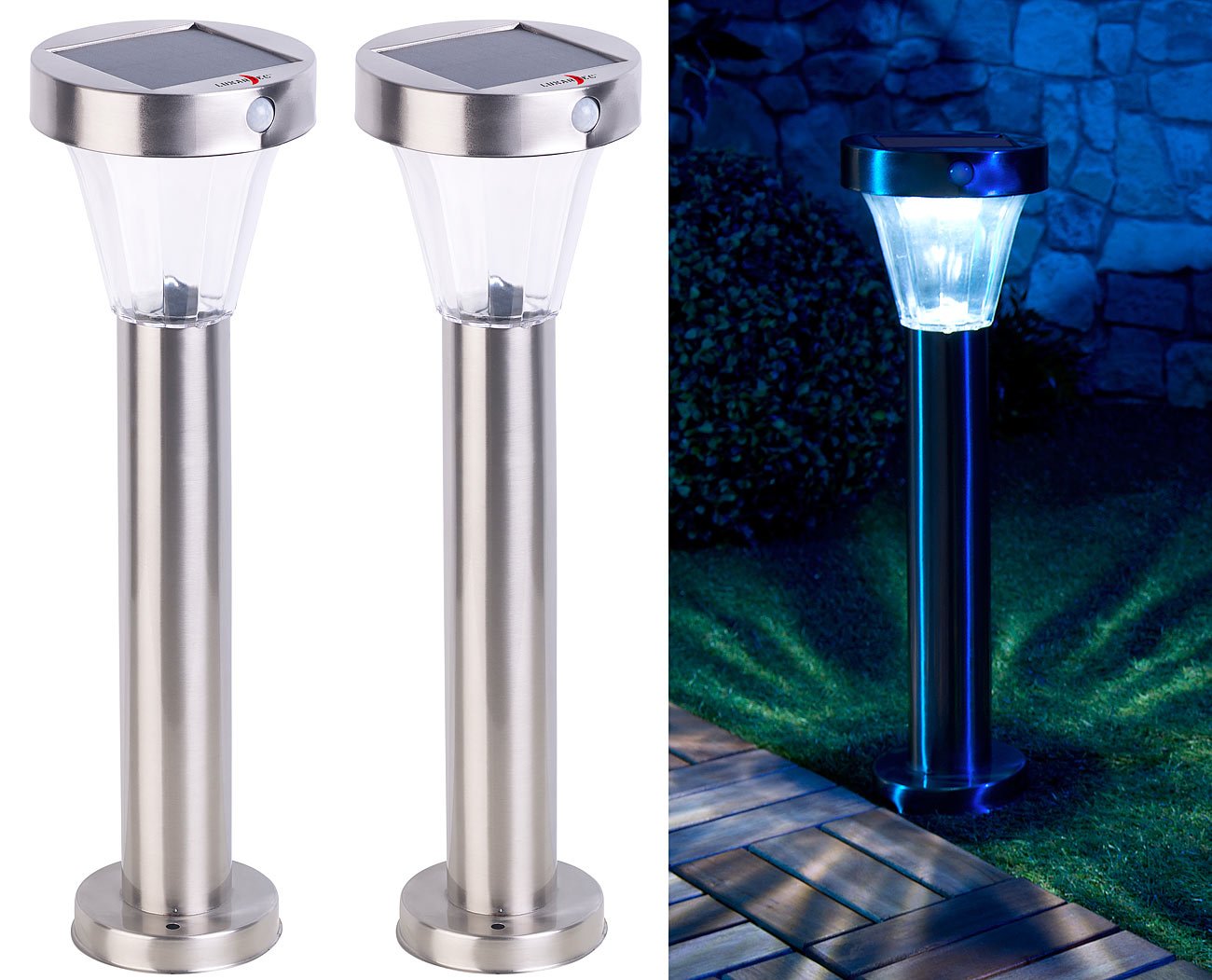 Lunartec Gartenleuchten: 4er-Set Solar-Wegeleuchte, Edelstahl, Bewegungs- & Licht-Sensor, IP44 (Pollerleuchten, Gartenwegbeleuchtung, Laterne)