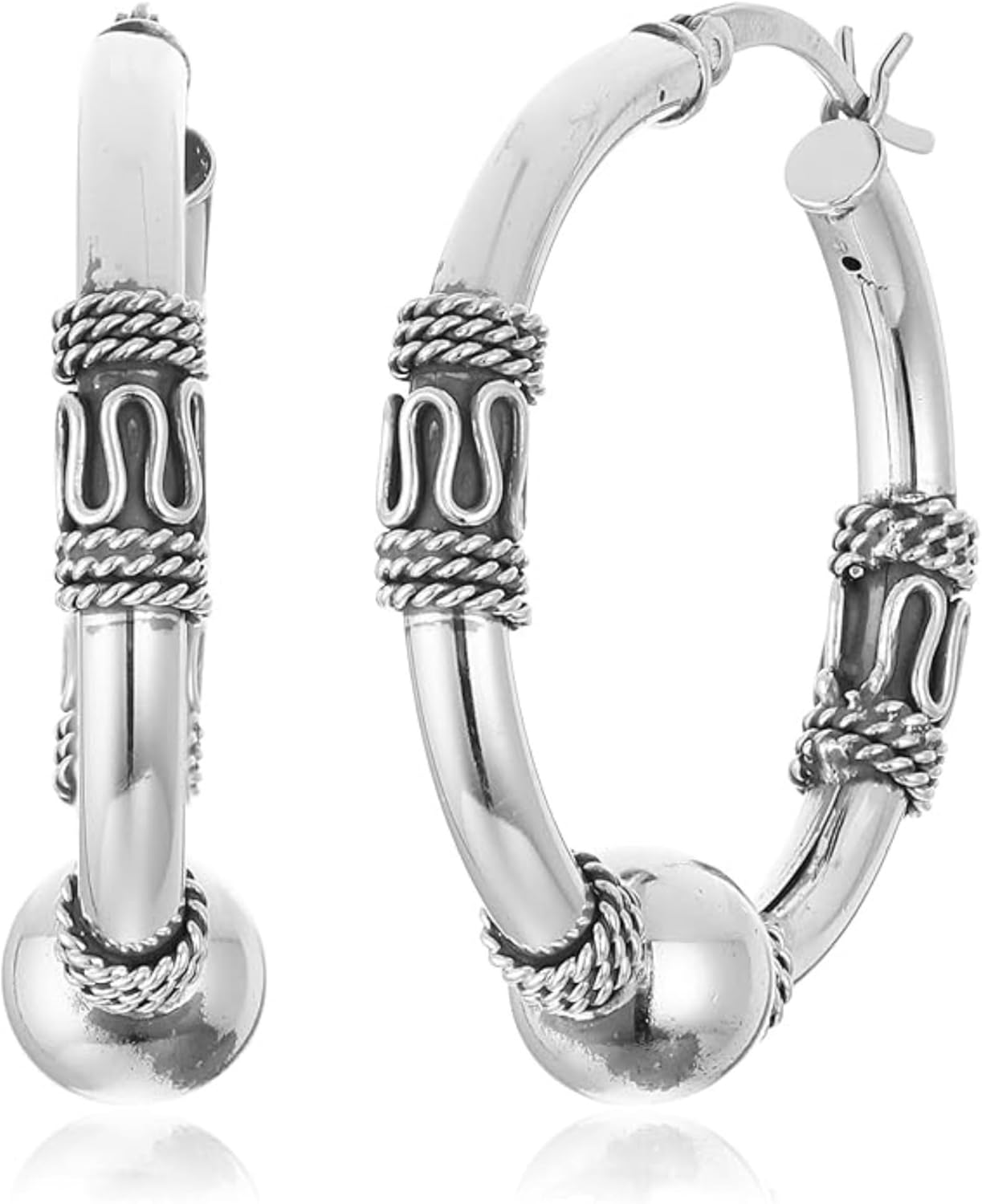 Amazon Essentials Women's 925 Sterling Silver Balinese Beaded Hoop Earrings, Hypoallergenic Lightweight Quality Jewelry, Medium Size 29mm