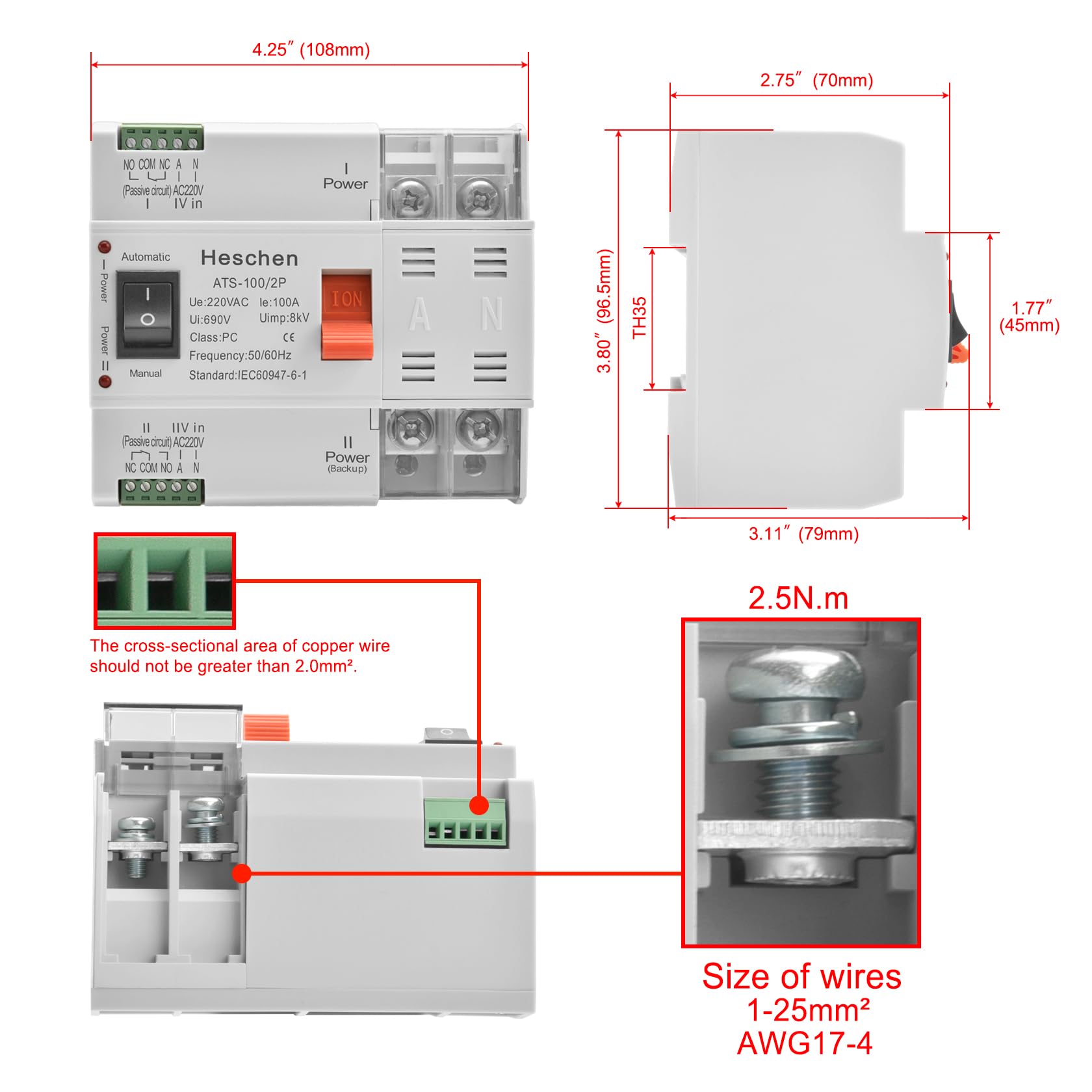 Heschen ATS Interruttore automatico a doppia corrente, ATS-100 2P 100A, 220 VAC, 8kV, classe PC, automatico/manuale, per la commutazione di circuiti elettrici