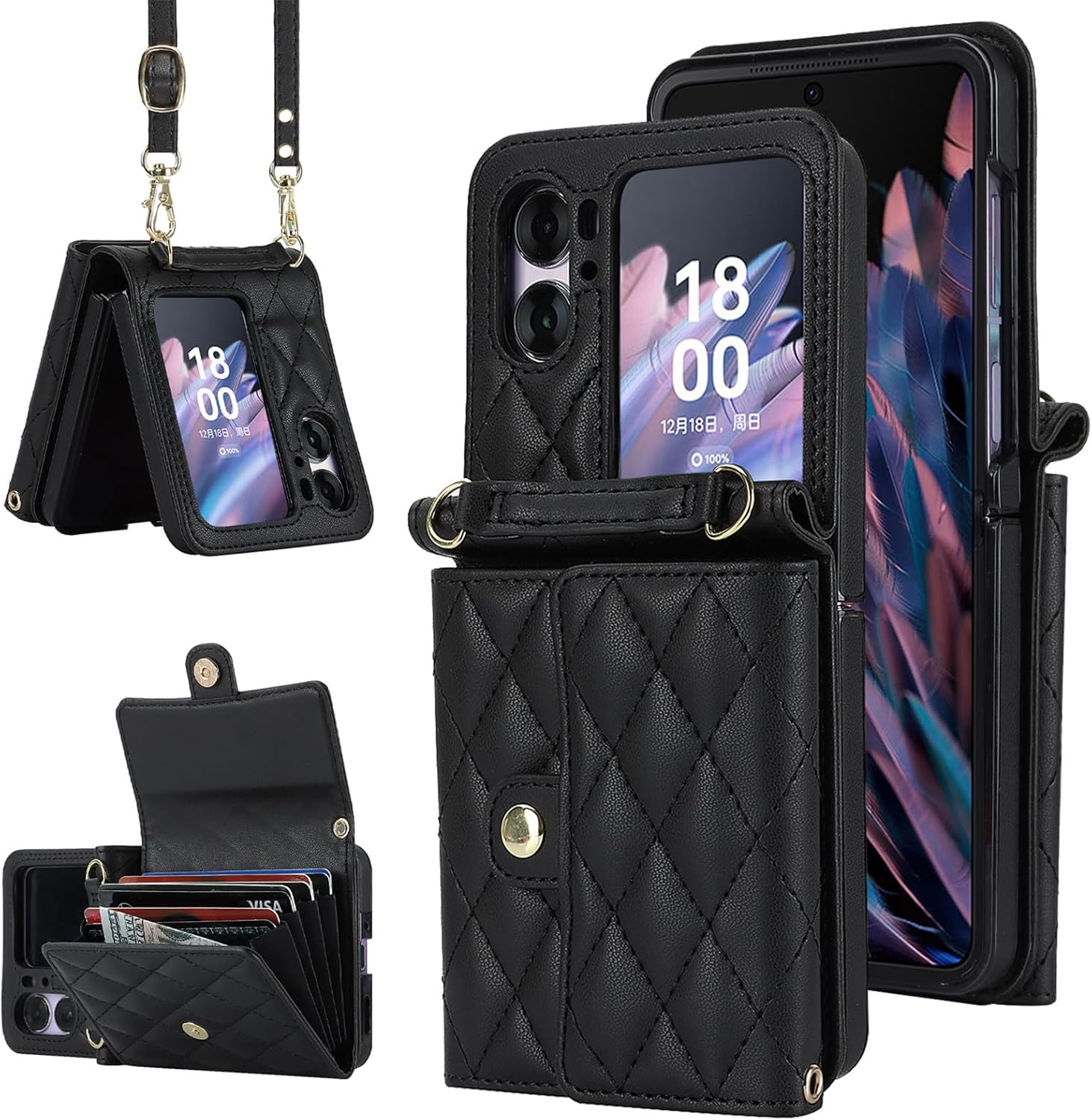 Case for Oppo Find N2 Flip with Card Holder, RFID Blocking PU Leather Accordion Purse Cover Case with Wrist Strap Crossbody Lanyard, Black