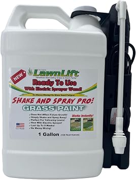 1-gallon ready to use grass paint, shake and spray pro with electric sprayer wand. No more messy mixing. Instantly transform your lawn.